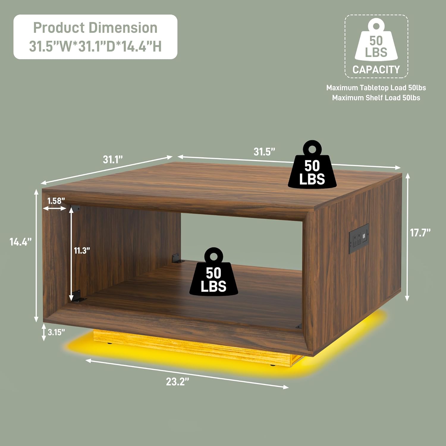 ANPOO 32" Mid Century Modern Square Coffee Table with LED Light & Power Outlet, 2-Tier Wood Cocktail Table with Storage for Living Room