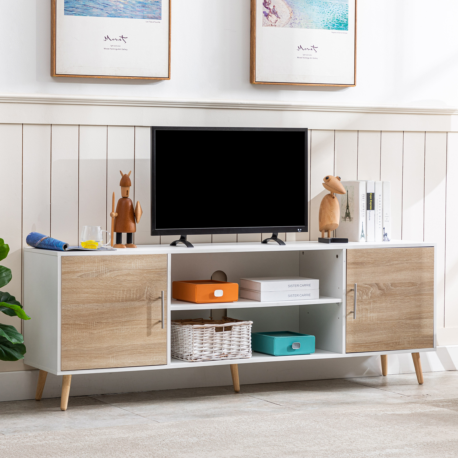 ChVans 70 Inch Mid Century Modern TV Stand for TVs up to 75 inches, Wood TV Stand with Storage, Entertainment Center for Living Room Bedroom, TV Media Console