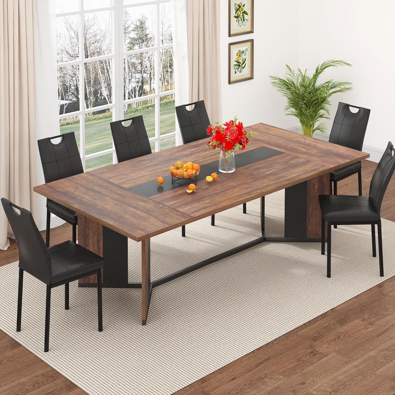 ANPOO 7-Piece Kitchen Dining Set for 4-8 People, 71" Rectangle Waterproof Wooden Table with 6 Chairs, Easy Clean Farmhouse Dining Table for Dining Room & Kitchen
