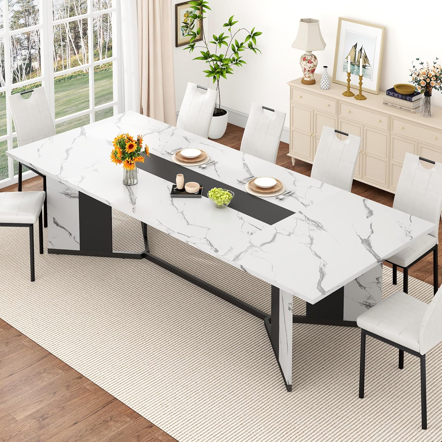 ANPOO 7-Piece Kitchen Dining Set for 4-8 People, 71" Rectangle Waterproof Wooden Table with 6 Chairs, Easy Clean Farmhouse Dining Table for Dining Room & Kitchen