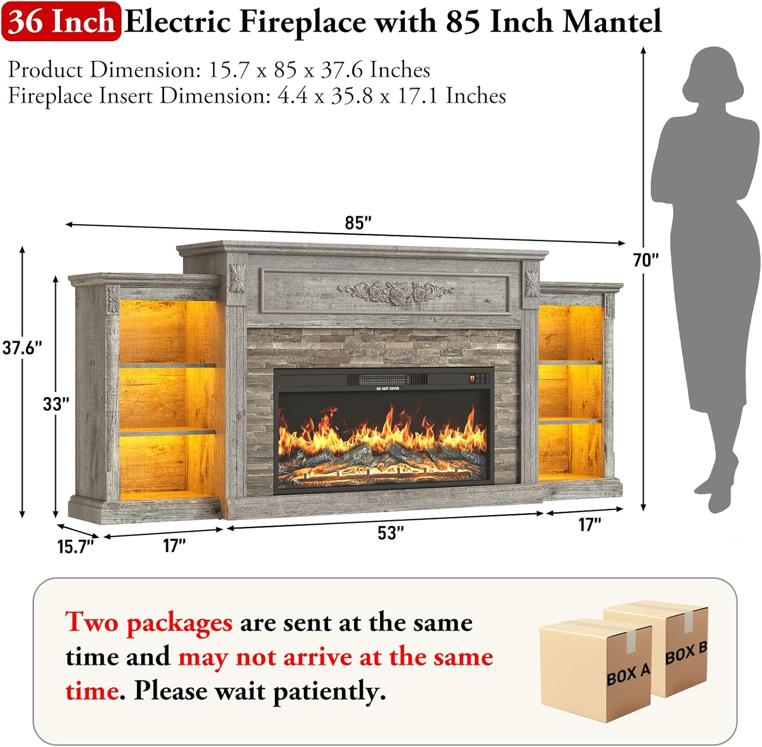 ANPOO 85" Electric Fireplace with Mantel, Fireplace TV Stand with 36" Fireplace for TVs Up to 95 Inch, 37.6" Tall Farmhouse Entertainment Center with LED Lights & Charging Station, Carved Decoration