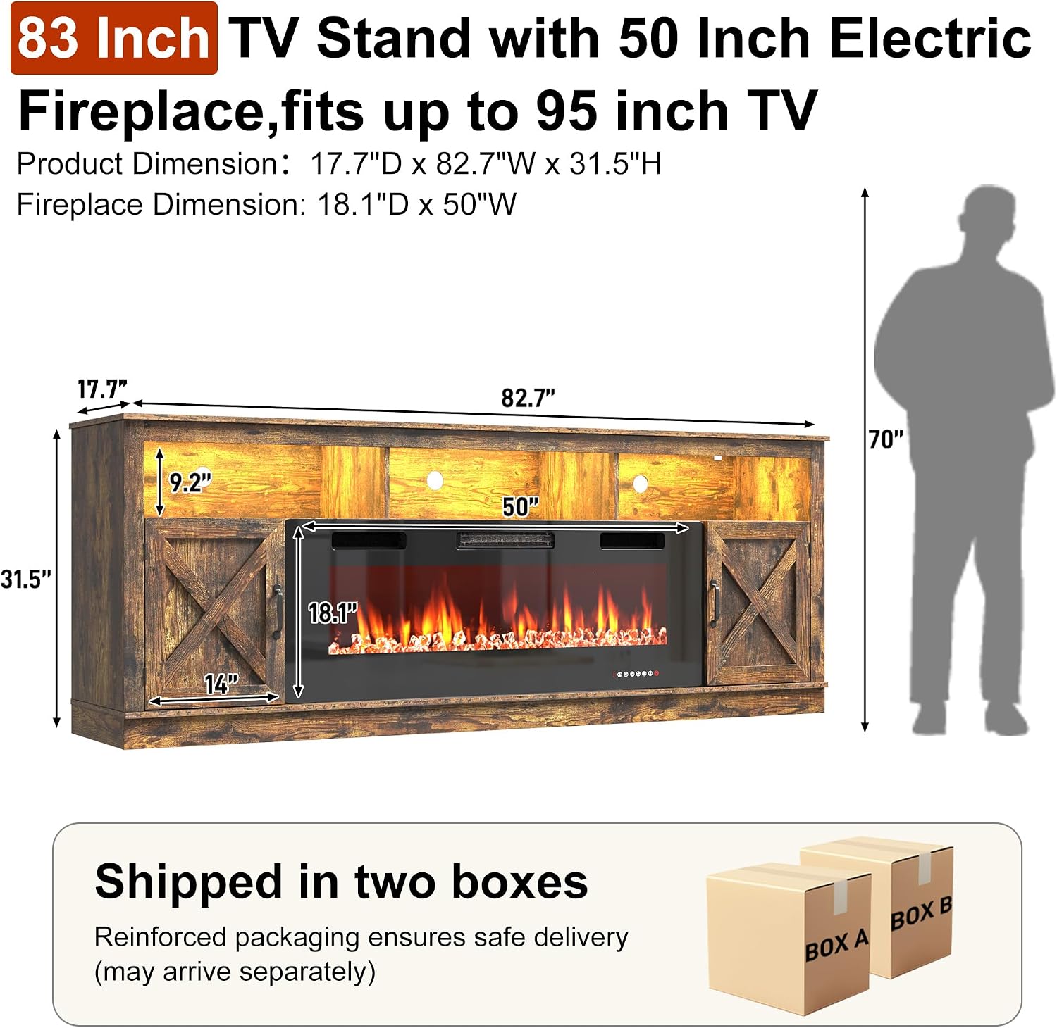 ChVans 83" Fireplace TV Stand for TVs up to 95" with 50" Electric Fireplace, Farmhouse Entertainment Center with LED, Wooden Media Console for Living Room, Bedroom