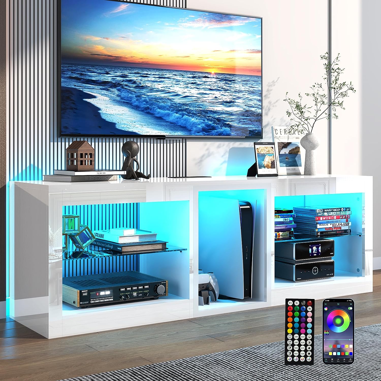 ChVans Modern LED TV Stand for TVs up to 70" with Adjustable LED Lights/Outlet, High Gloss Entertainment Center with Open Shelves Storage, Media Console TV Stands for Living Room, Game room, Bedroom
