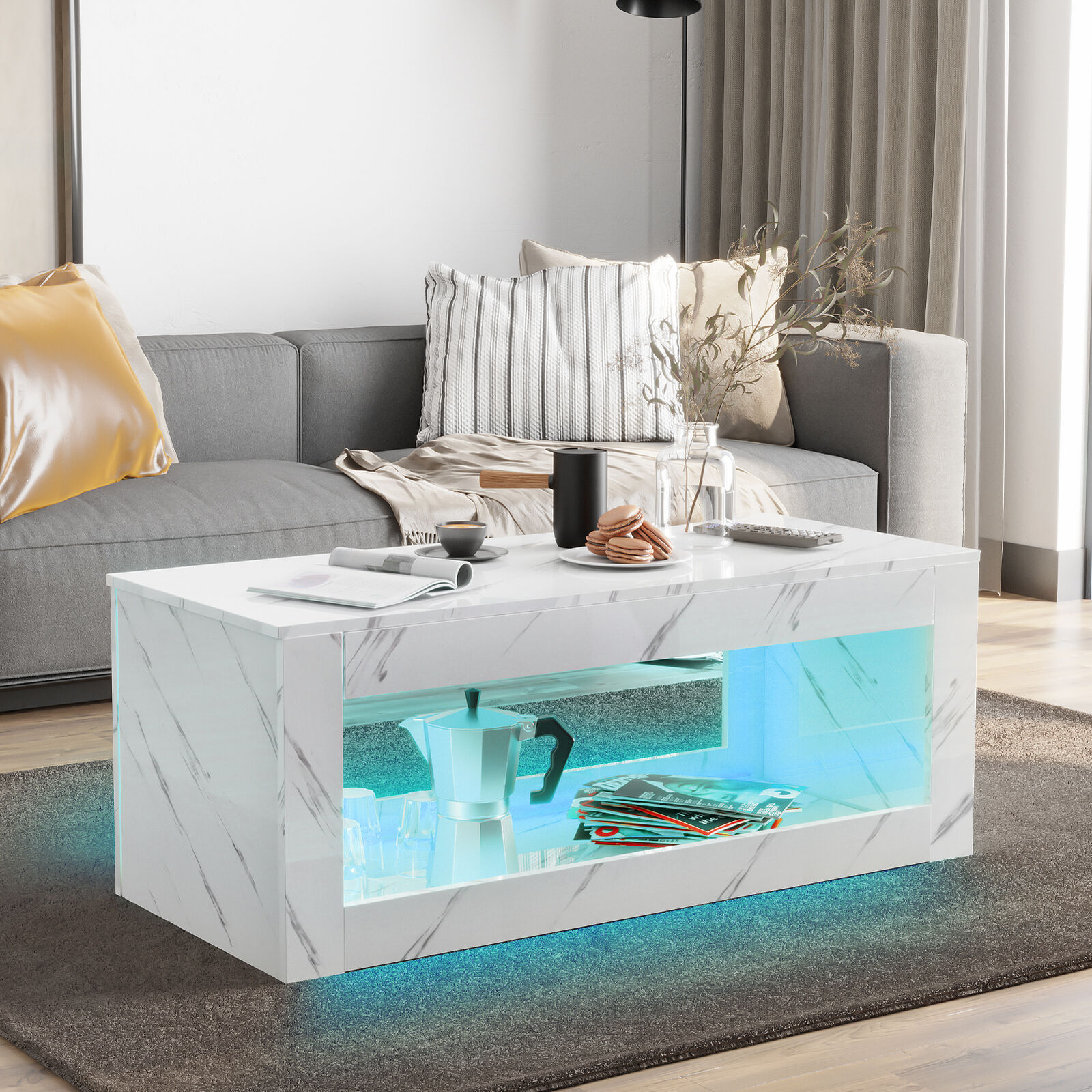 ChVans LED Coffee Table with Open Storage, Modern White Coffee Table with 16 Colors LED Lights, Rectangle Center End Table with Marbling Print for Living Room Bedroom