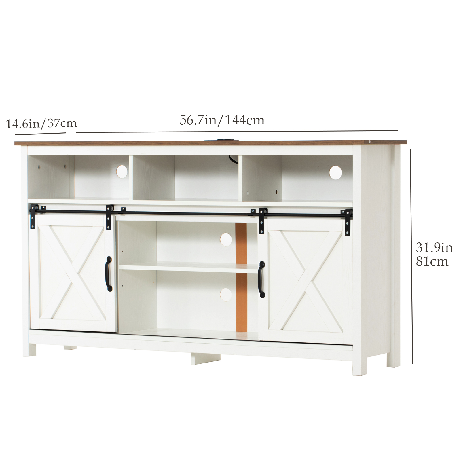 Farmhouse Barn Door TV Cabinet Up to 65" TV Media Console with Open Shelves Adjustable Storage, Entertainment Center with Power Outlets