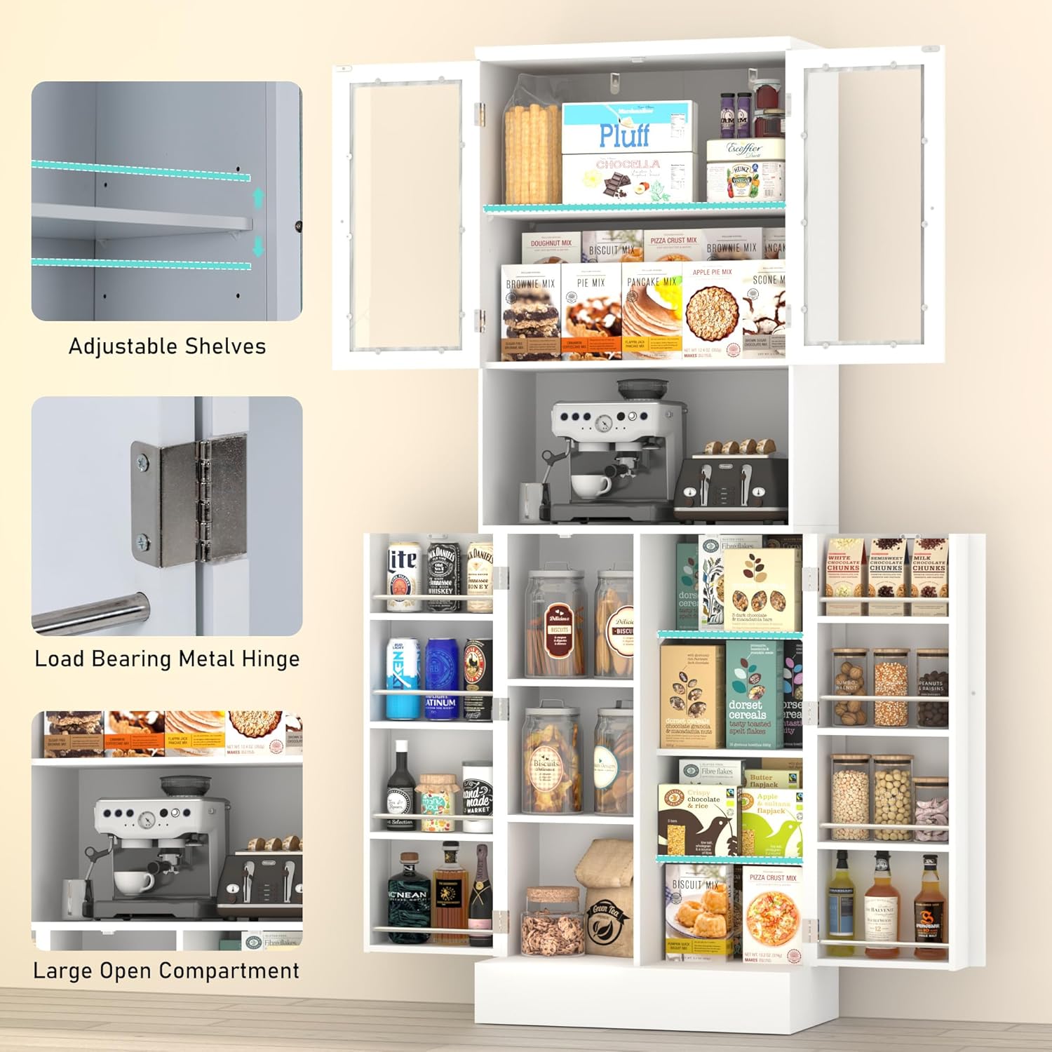 ChVans 71" Tall Pantry Cabinet, Storage Cabinet with Glass Doors and Microwave Stand, Freestanding Kitchen Hutch Food Pantry Cabinet with Adjustable Shelves for Kitchen Dining, Living Room