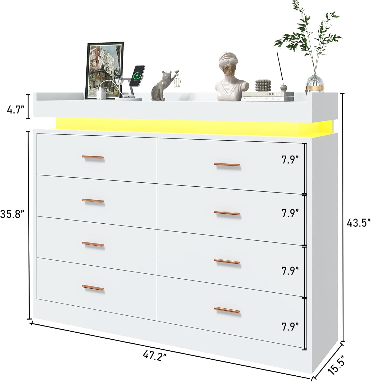 ANPOO 8 Drawer Dresser with Charging Station and LED Lights, Modern Wood Dresser with Wide Drawers and Metal Handles for Bedroom, Living Room