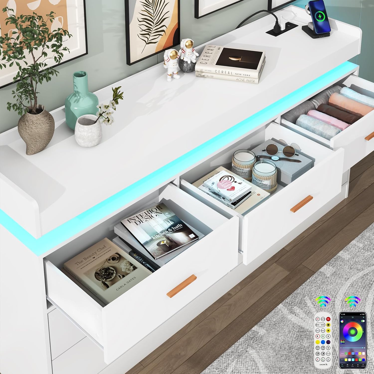 ChVans White Dresser with LED Light and Charging Station, Modern Wood Dresser with Wide Drawers and Metal Handles, 7 drawer dresser for Bedroom, Living Room, Entryway, Hallway