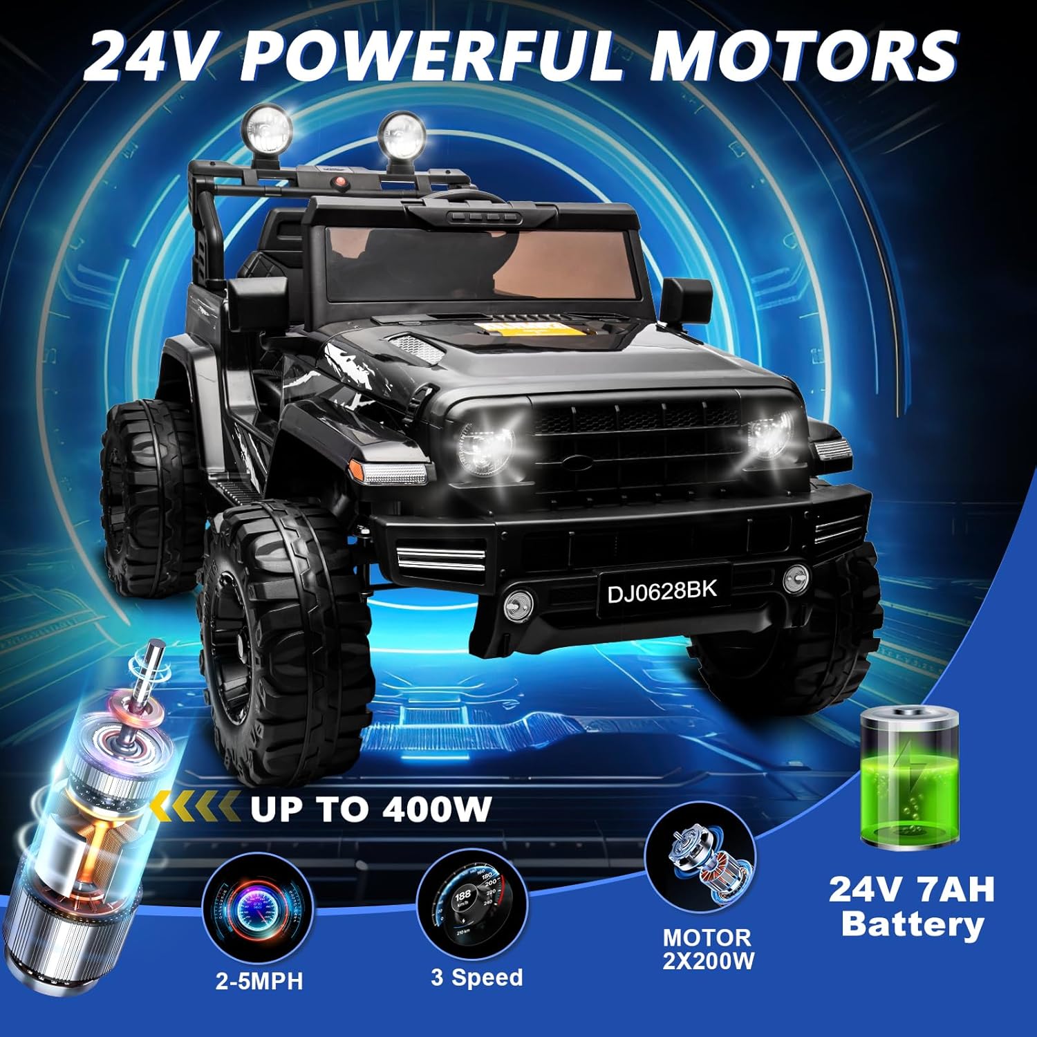 24V Kids Electric Ride on Car, 2-Seat Battery Powered Toy with LED Lights and Remote Control, Battery Powered Wheels Truck with USB Ports, MP3 Player, for Boys, Girls