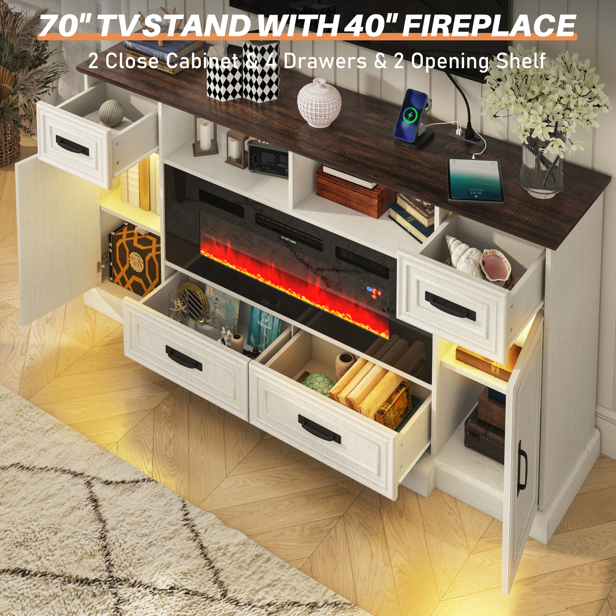 ChVans Farmhouse Fireplace TV Stand for 80" TV, Entertainment Center with 40'' Electric Fireplace & LED Lights, Modern Media Console with Storage Drawers & Cabinets & Power Outlets, Antique White