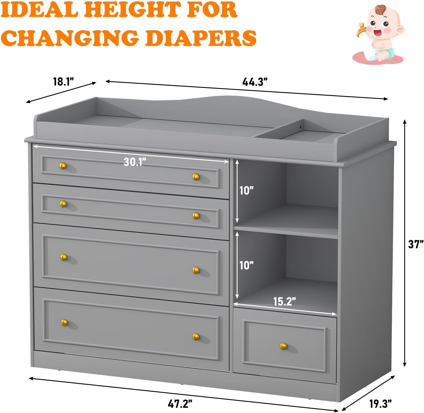 ChVans Changing Table Dresser, Baby Classic Nursery Dresser with 5 Drawers and 2 Shelves, Wood Chest of Drawers Nursery Storage Kids Organizer