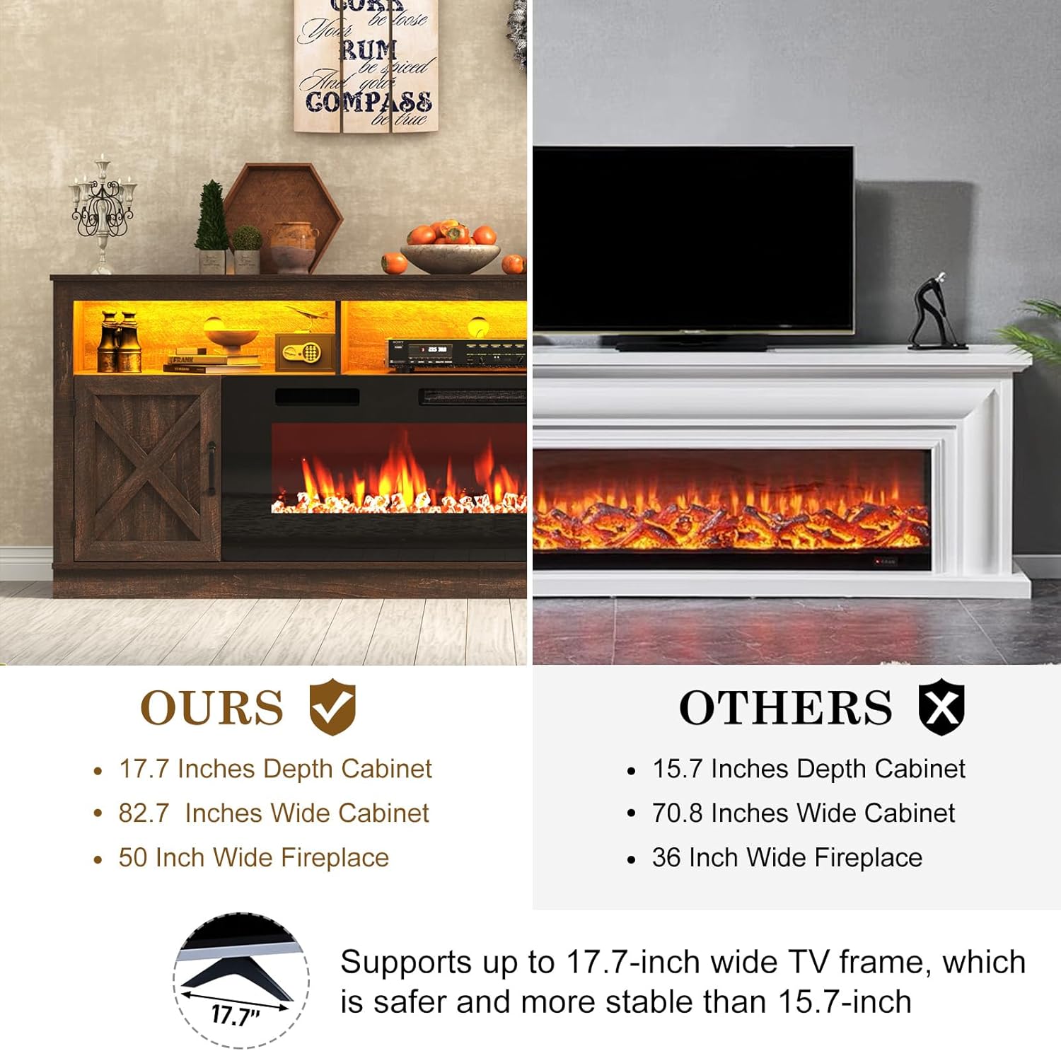 ChVans 83" Fireplace TV Stand for TVs up to 95" with 50" Electric Fireplace, Farmhouse Entertainment Center with LED, Wooden Media Console for Living Room, Bedroom