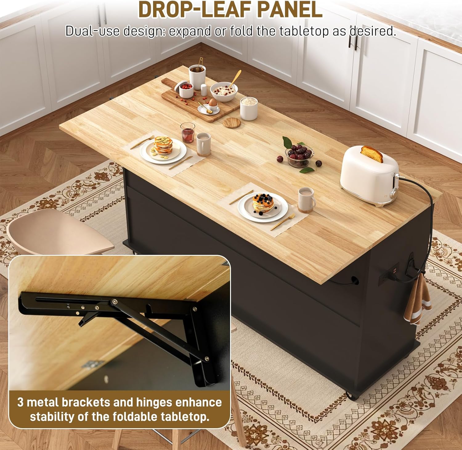 ChVans 59" Kitchen Island On Wheels, Rolling Kitchen Island Cart with Drop Leaf Countertop, Portable Mobile Kitchen Island with Towel Rack, Spice Rack Shelf and Lockable Wheels