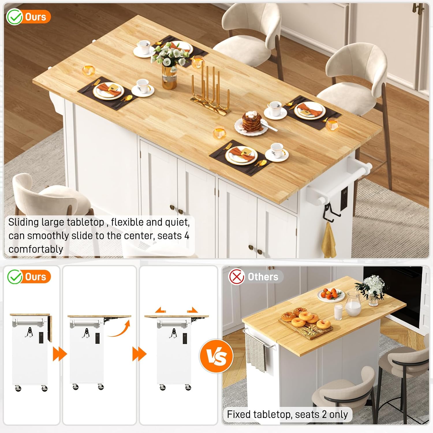 ANPOO 67" Rolling Kitchen Island with Drop Leaf, Tilt Out Kitchen Trash Cabinet 10 Gallon Storage, Kitchen Cart Island with Rubber wood Top, Spice Rack and Drawers