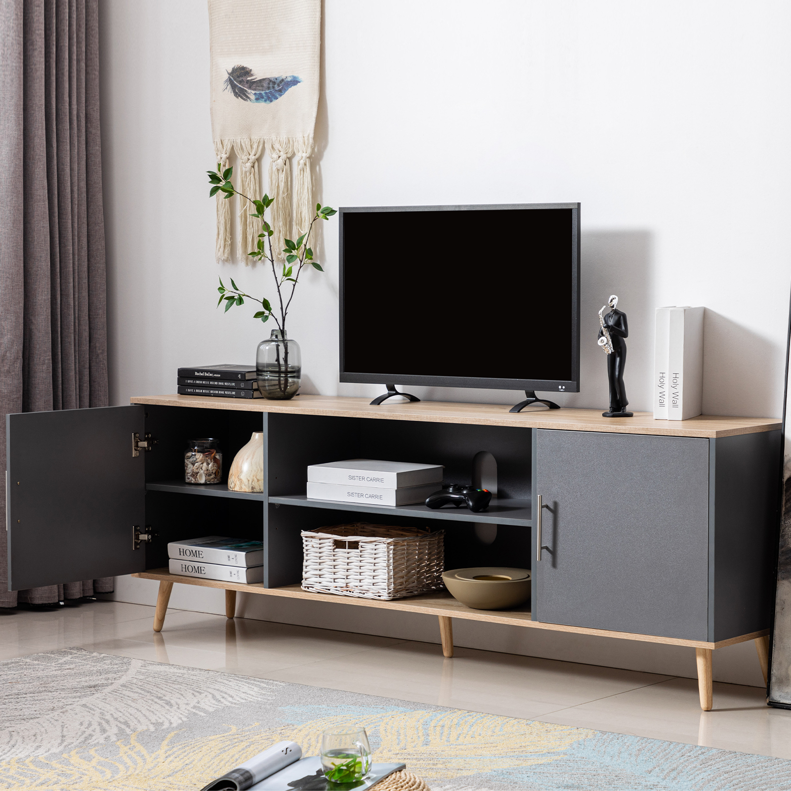 ChVans 70 Inch Mid Century Modern TV Stand for TVs up to 75 inches, Wood TV Stand with Storage, Entertainment Center for Living Room Bedroom, TV Media Console