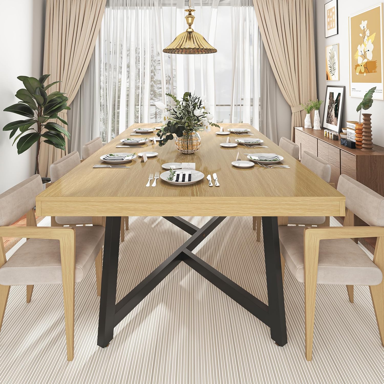 ChVans 71 Inch Farmhouse Dining Table for 4-8 People, Large Kitchen Table with Adjustable Heavy Duty Metal Leg, Rectangular Dining Table for Gathering, Kitchen, Dining Living Room