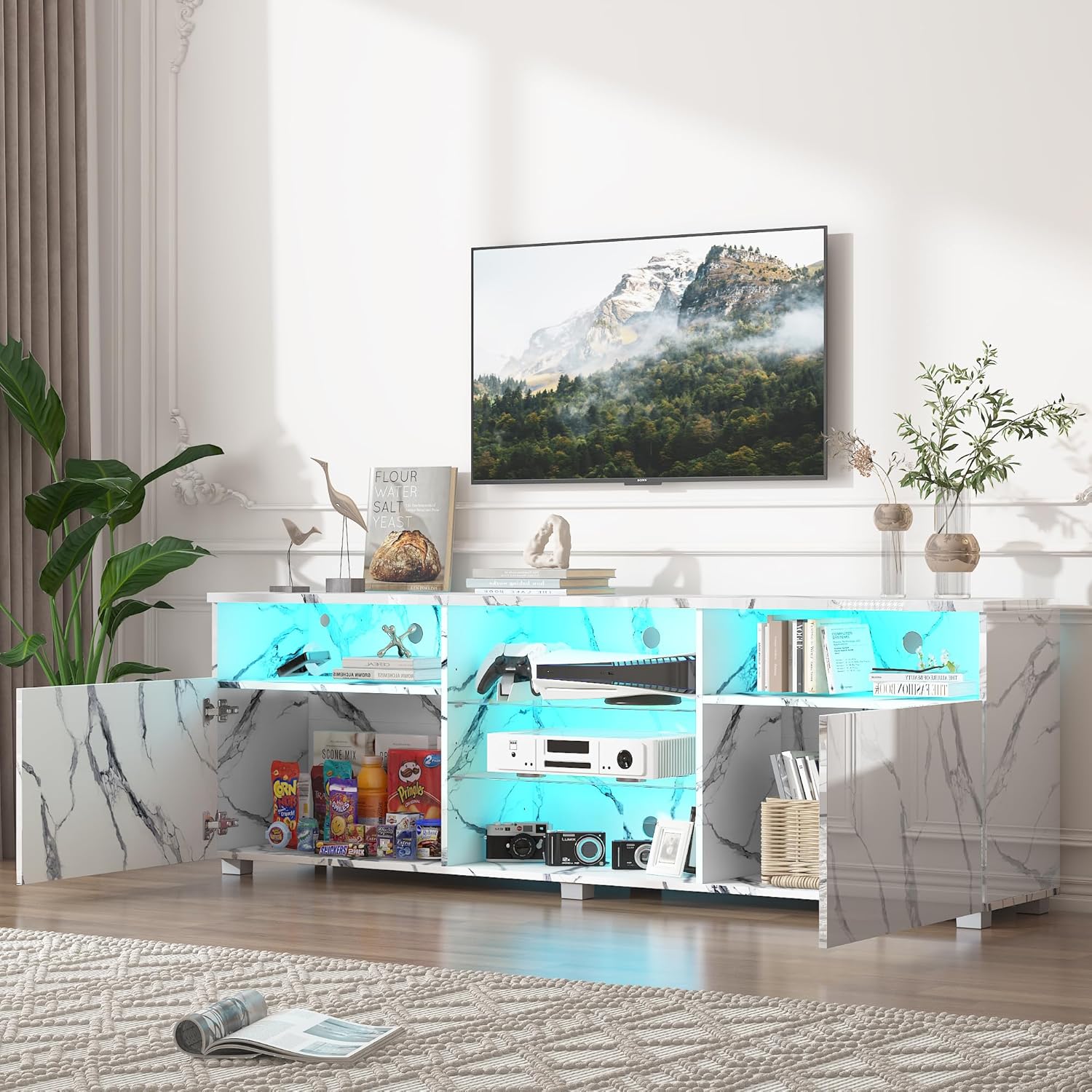 ANPOO LED TV Stand for 70/75/80 inch TV, High Glossy Entertainment Center with Drawer and Led Lights, Media Console for Living Game Room Bedroom