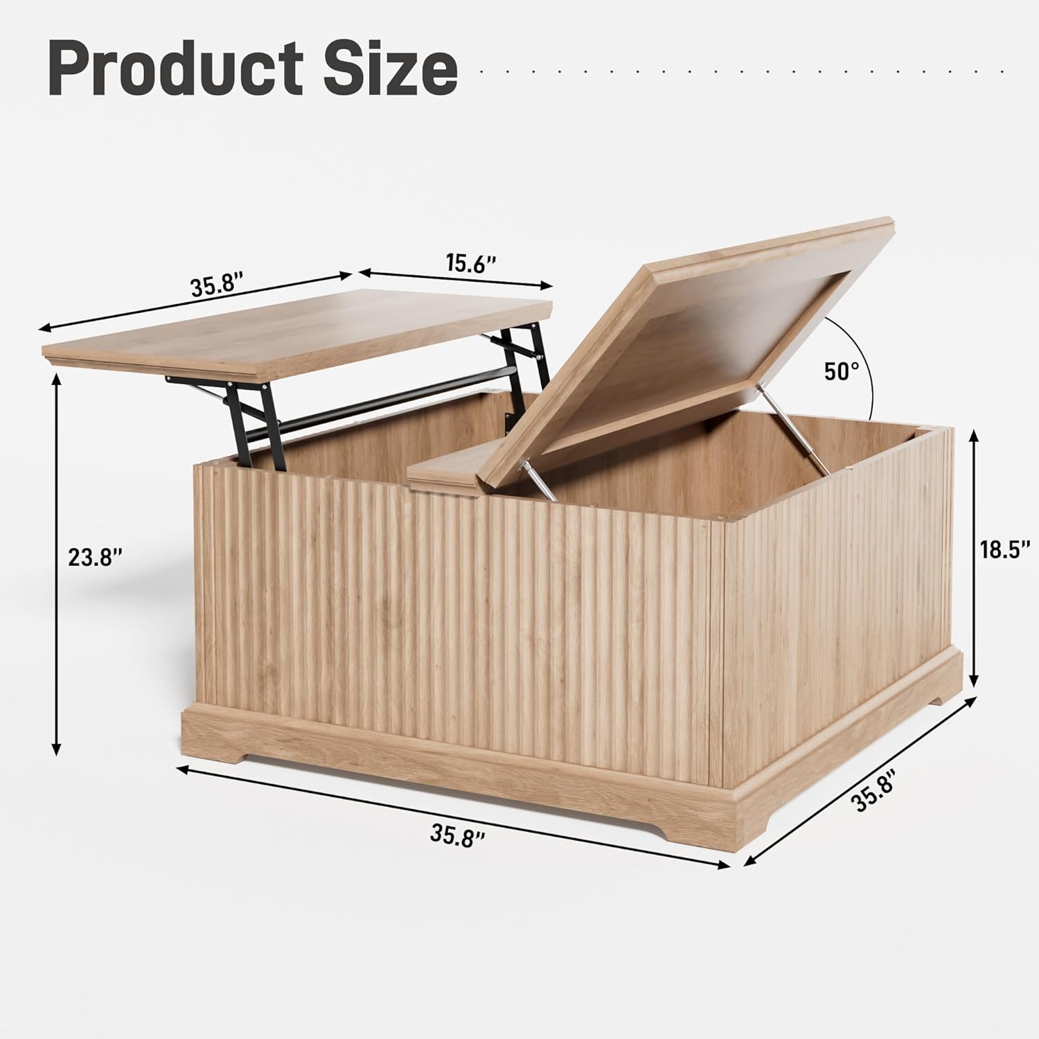 ANPOO Farmhouse Lift Top Coffee Table with Hidden Large Storage, 35.8 Inch Fluted Wood Square Center Table for Living Room, Bedroom, Home Office