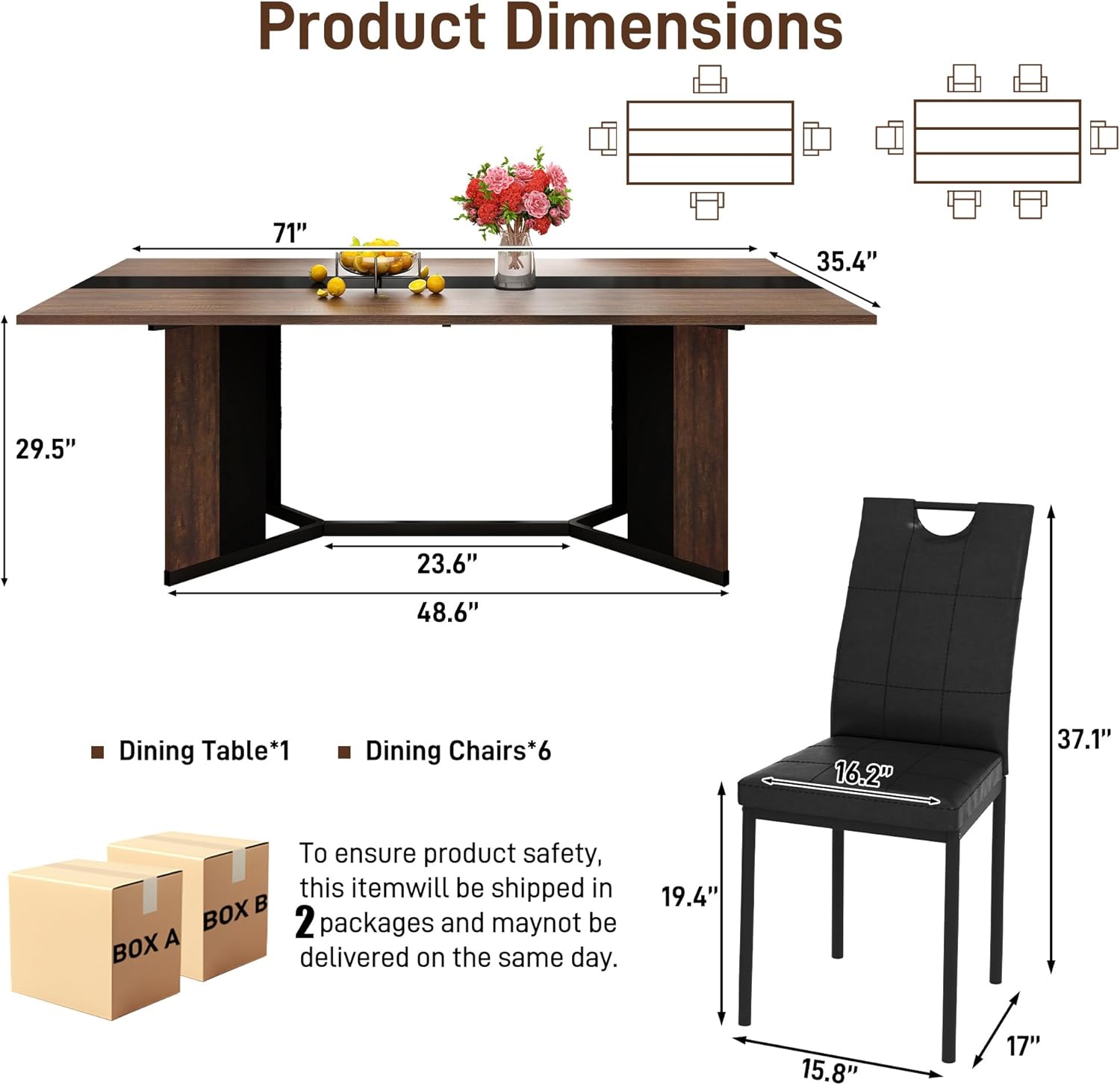 ANPOO 7-Piece Kitchen Dining Set for 4-8 People, 71" Rectangle Waterproof Wooden Table with 6 Chairs, Easy Clean Farmhouse Dining Table for Dining Room & Kitchen