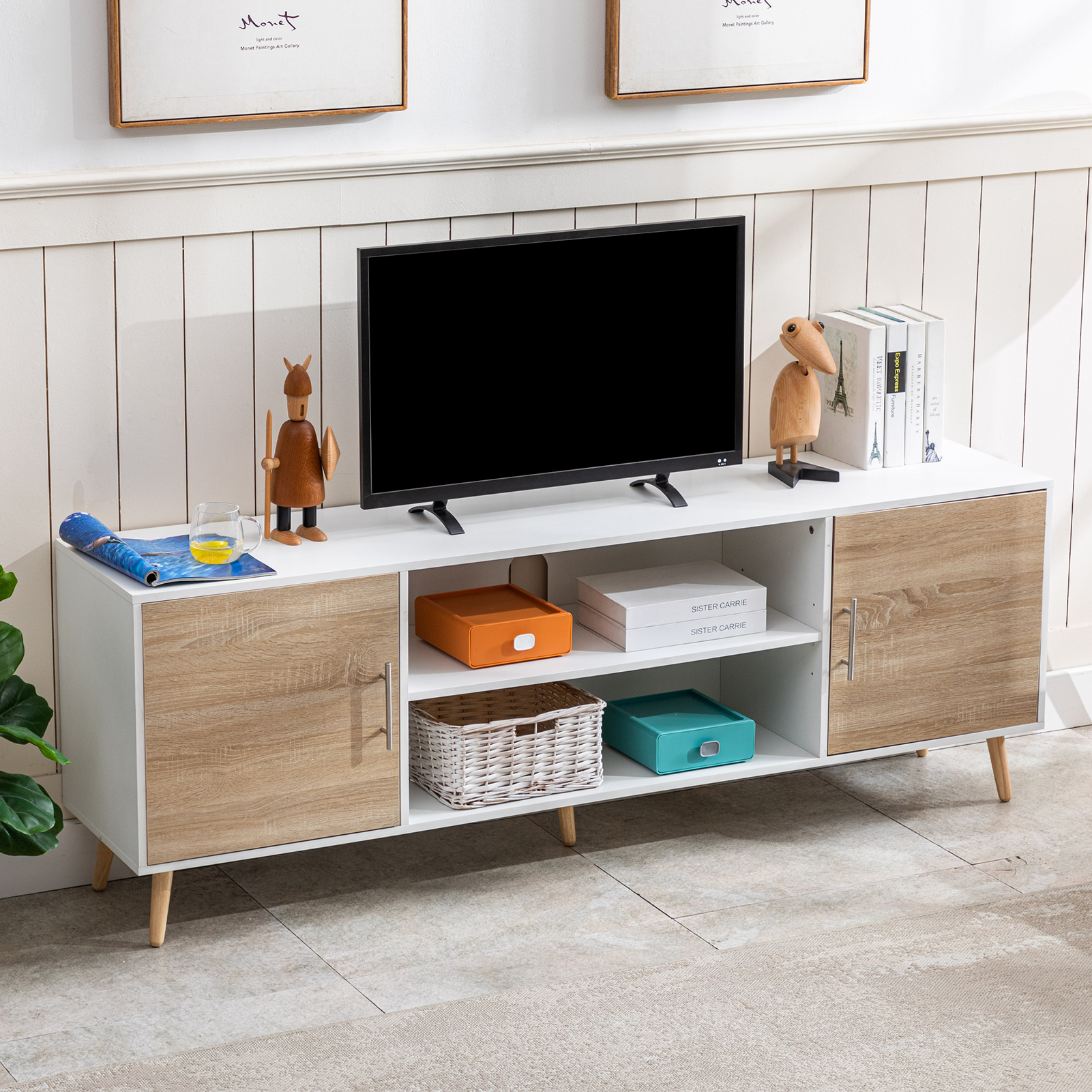 ChVans 70 Inch Mid Century Modern TV Stand for TVs up to 75 inches, Wood TV Stand with Storage, Entertainment Center for Living Room Bedroom, TV Media Console