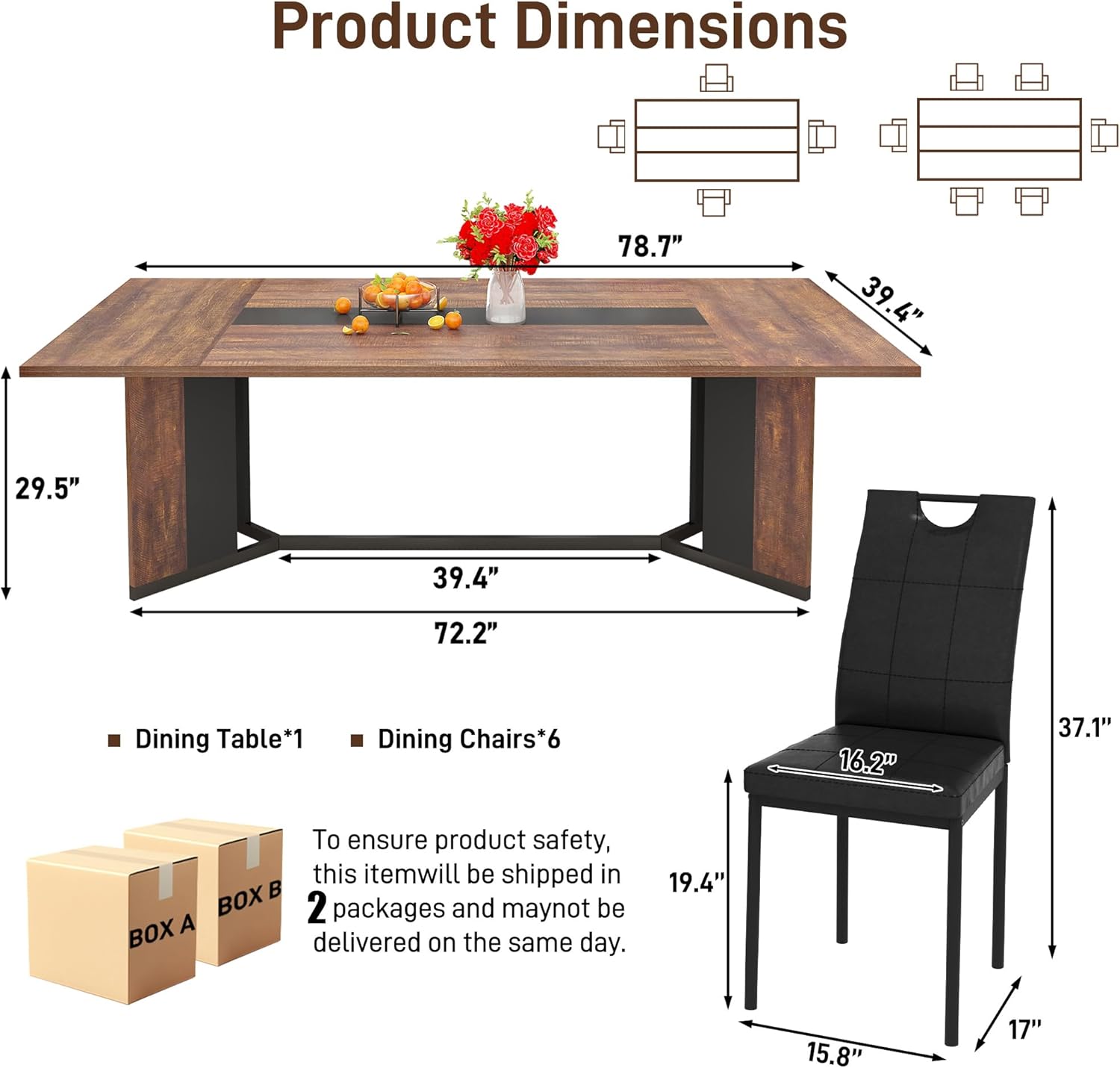 ANPOO 7-Piece Kitchen Dining Set for 4-8 People, 71" Rectangle Waterproof Wooden Table with 6 Chairs, Easy Clean Farmhouse Dining Table for Dining Room & Kitchen