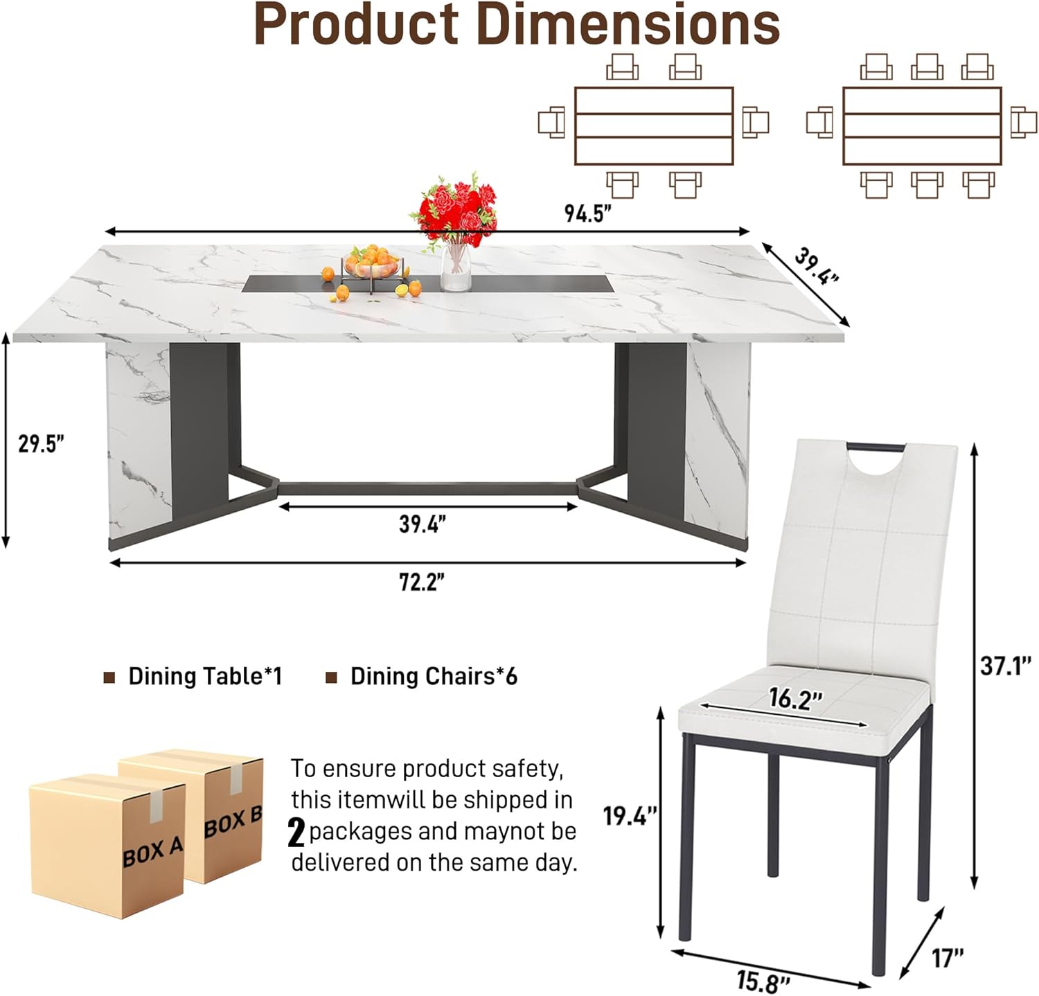 ANPOO 7-Piece Kitchen Dining Set for 4-8 People, 71" Rectangle Waterproof Wooden Table with 6 Chairs, Easy Clean Farmhouse Dining Table for Dining Room & Kitchen