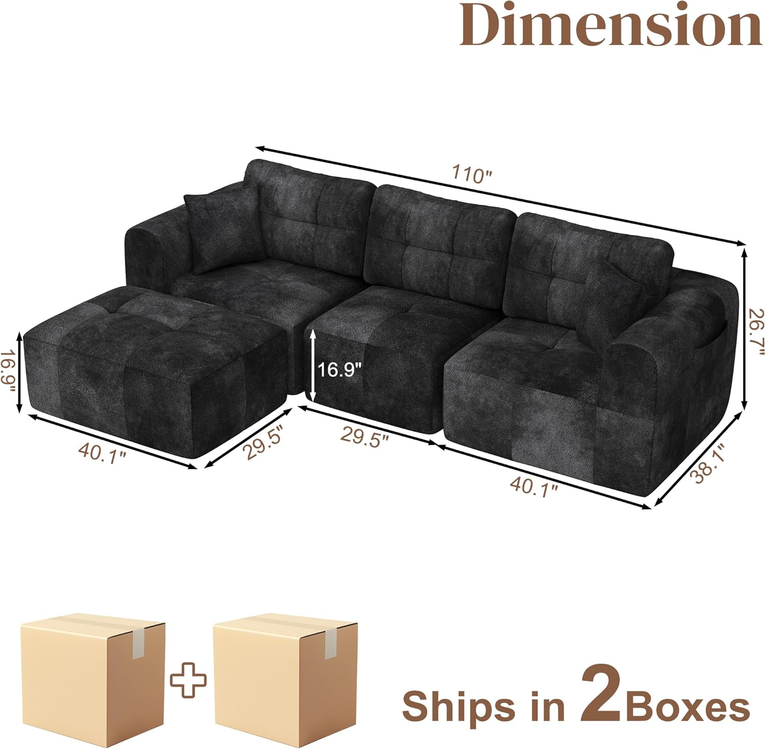 ChVans 110" L-Shaped Sectional Sofa with Convertible Left/Right Ottoman, Boneless Sofa with Oversized Chaise & Layered Cushion, Upholstered Couches for Living Room Bedroom, No Assembly