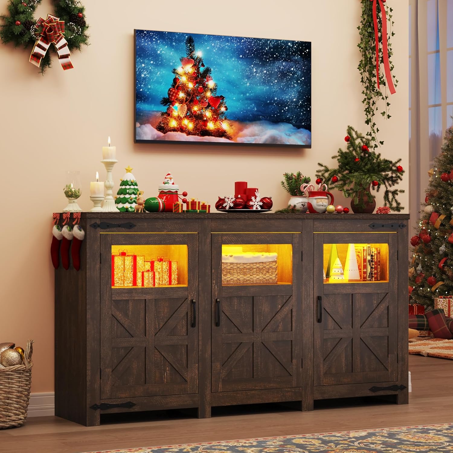 ChVans LED Farmhouse TV stand for up to 85" TVs with Power Outlet, 74" Large Entertainment Center Console Table, 33.5" Tall Rustic Media Console w/Storage Shelves for Living Room