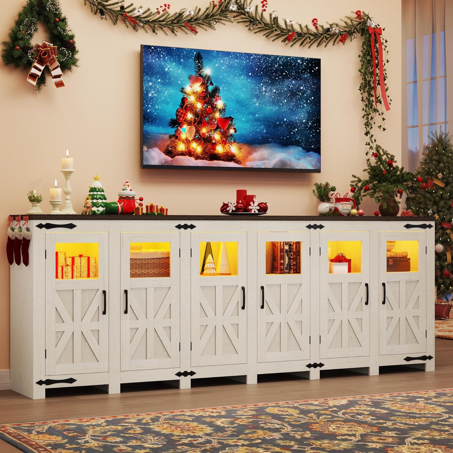 ChVans LED Farmhouse TV stand for up to 85" TVs with Power Outlet, 74" Large Entertainment Center Console Table, 33.5" Tall Rustic Media Console w/Storage Shelves for Living Room
