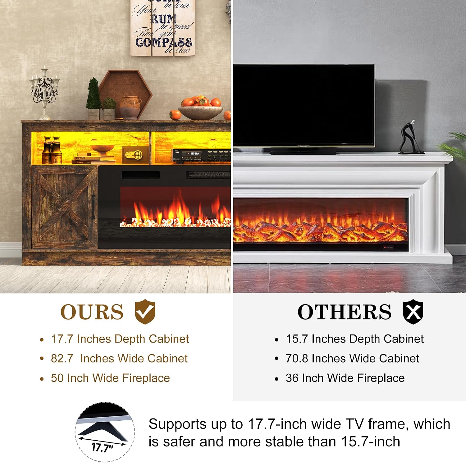 ChVans 83" Fireplace TV Stand for TVs up to 95" with 50" Electric Fireplace, Farmhouse Entertainment Center with LED, Wooden Media Console for Living Room, Bedroom