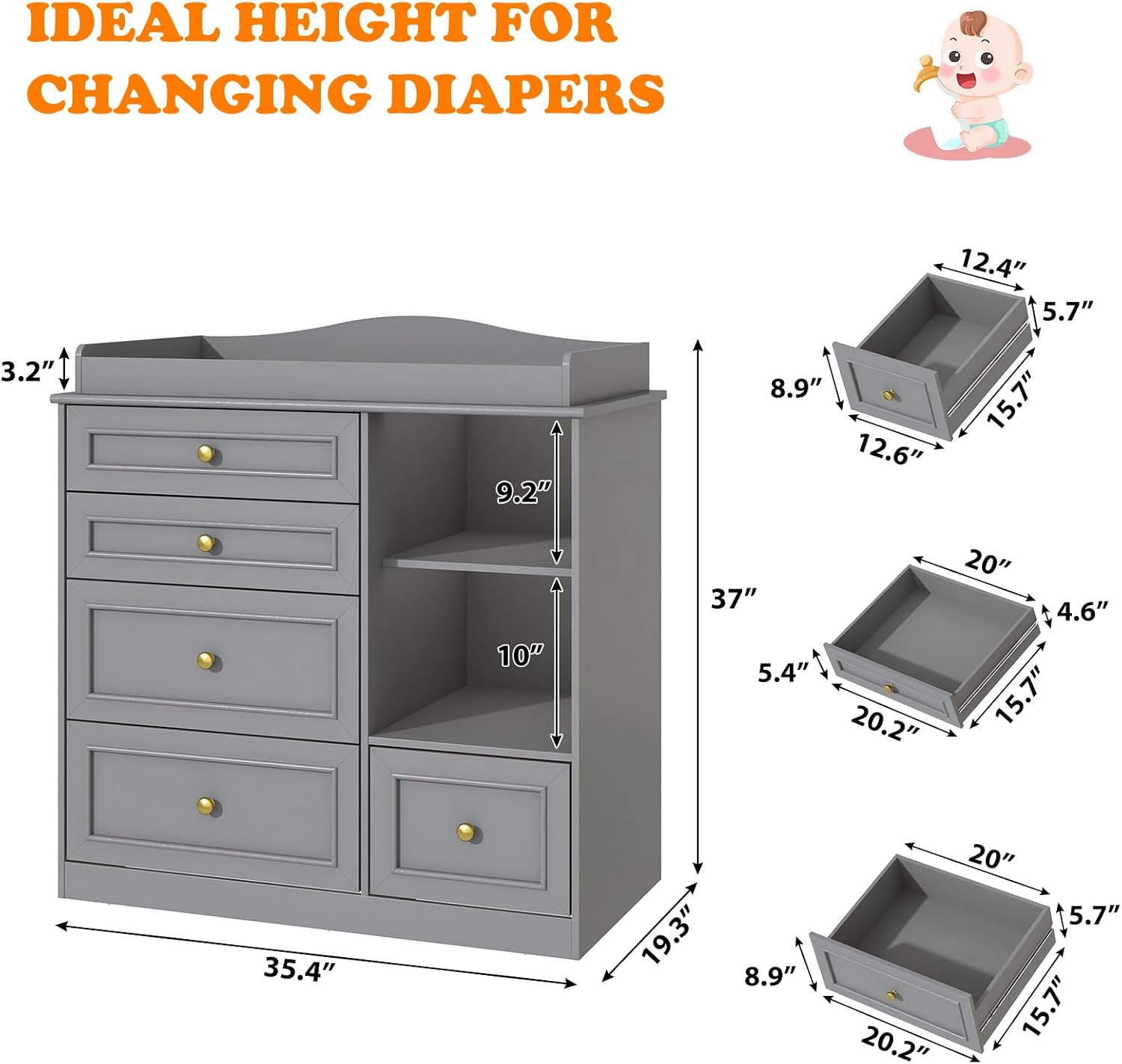 ChVans Changing Table Dresser, Baby Classic Nursery Dresser with 5 Drawers & Open Storage Shelves, Convertible Nursery Dresser Chest of Drawers