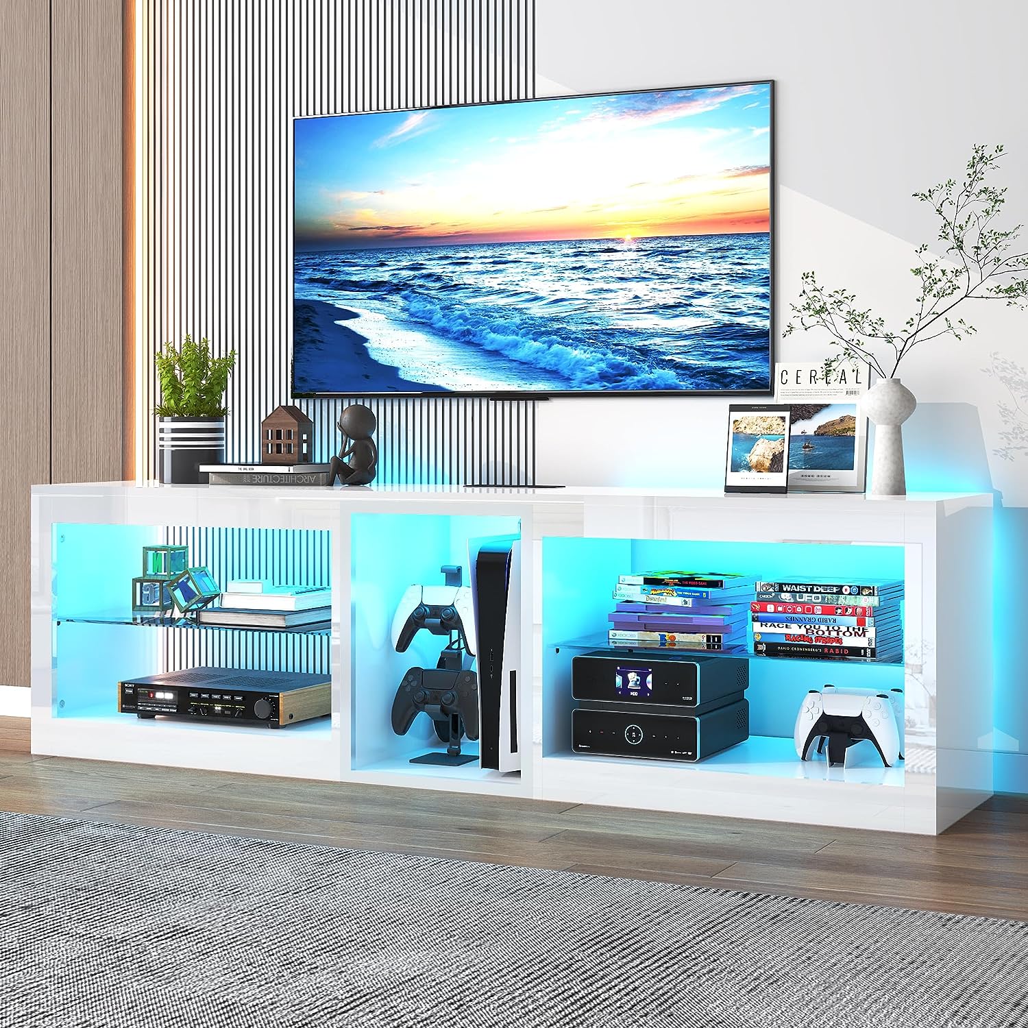 ChVans Modern LED TV Stand for TVs up to 70" with Adjustable LED Lights/Outlet, High Gloss Entertainment Center with Open Shelves Storage, Media Console TV Stands for Living Room, Game room, Bedroom