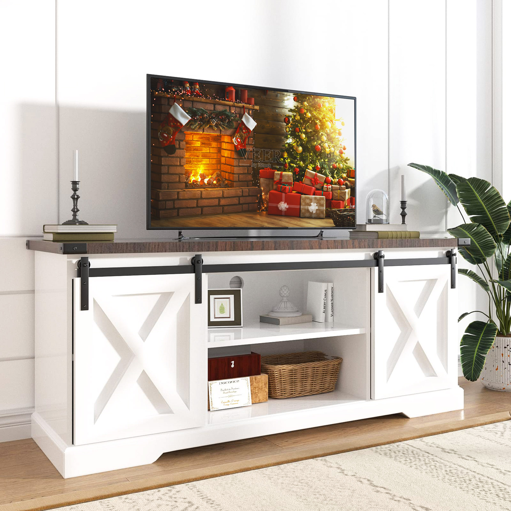 Chvans Farmhouse TV Stand for TVs up to 65 inch & 23" Electric Fireplace, Barn Door Entertainment Center Console Table with Adjustable Shevles