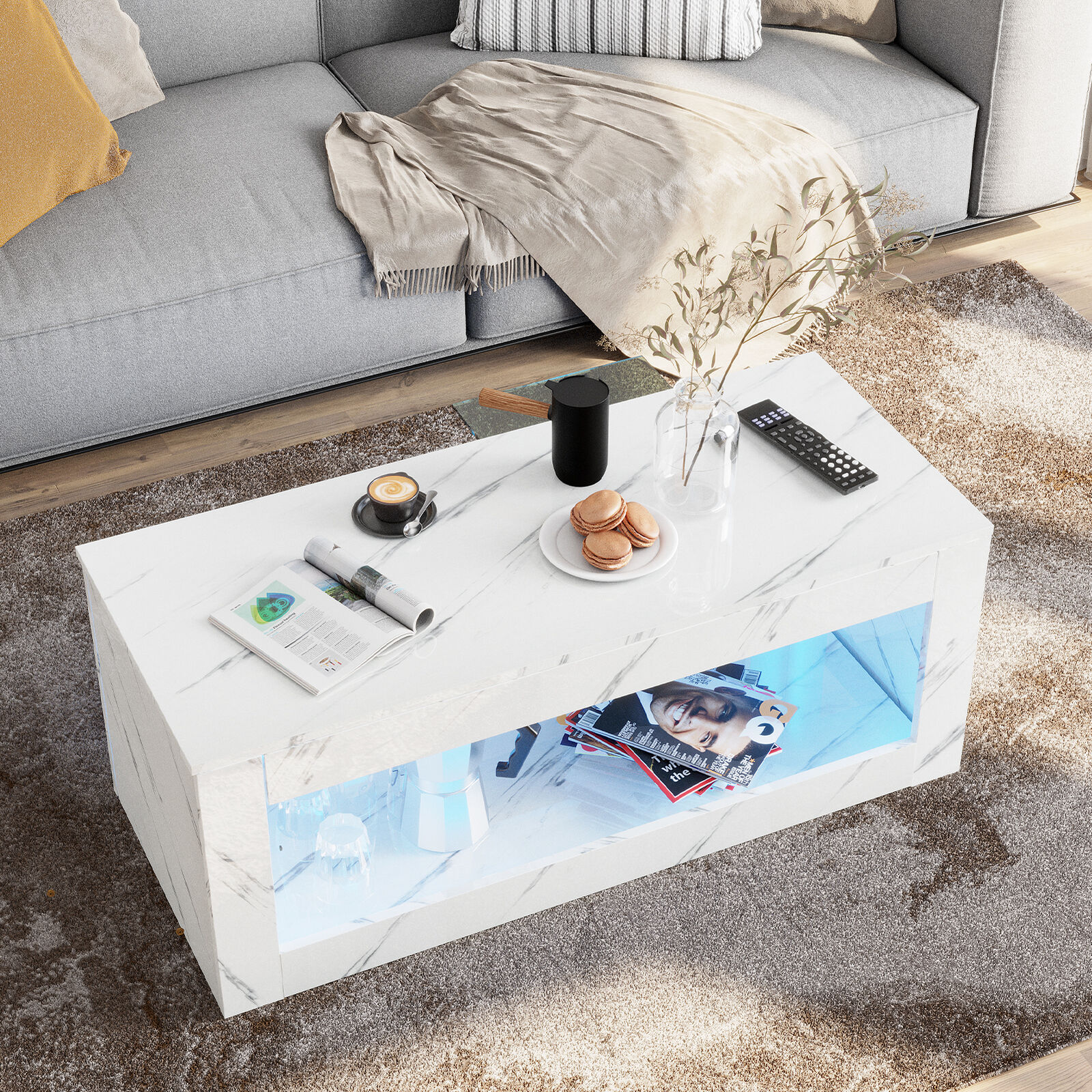 ChVans LED Coffee Table with Open Storage, Modern White Coffee Table with 16 Colors LED Lights, Rectangle Center End Table with Marbling Print for Living Room Bedroom