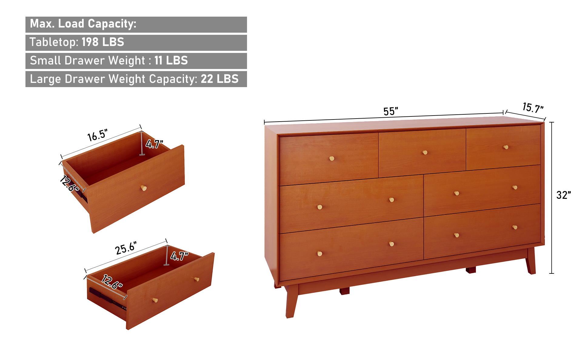 ChVans 7 Drawer Dresser for Bedroom, Wood Dressers with Metal Handles, Storage Cabinet Dressers for Bedroom, Hallway, Kids Room, Entryway, Hallway