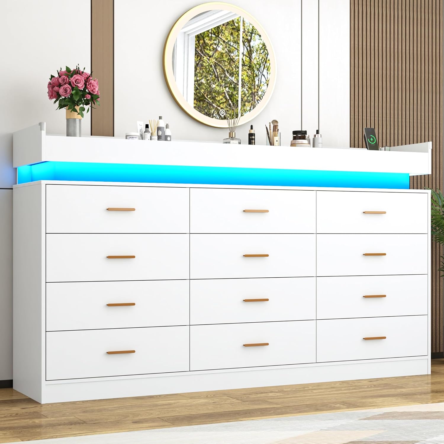 ChVans 12 Drawer Dresser with LED Lights and Charging Station, 70" Wide wood Chest of Drawers and Metal Handles, 45.7" Tall drawers dresser for bedroom, Living Room, Entryway, Hallway