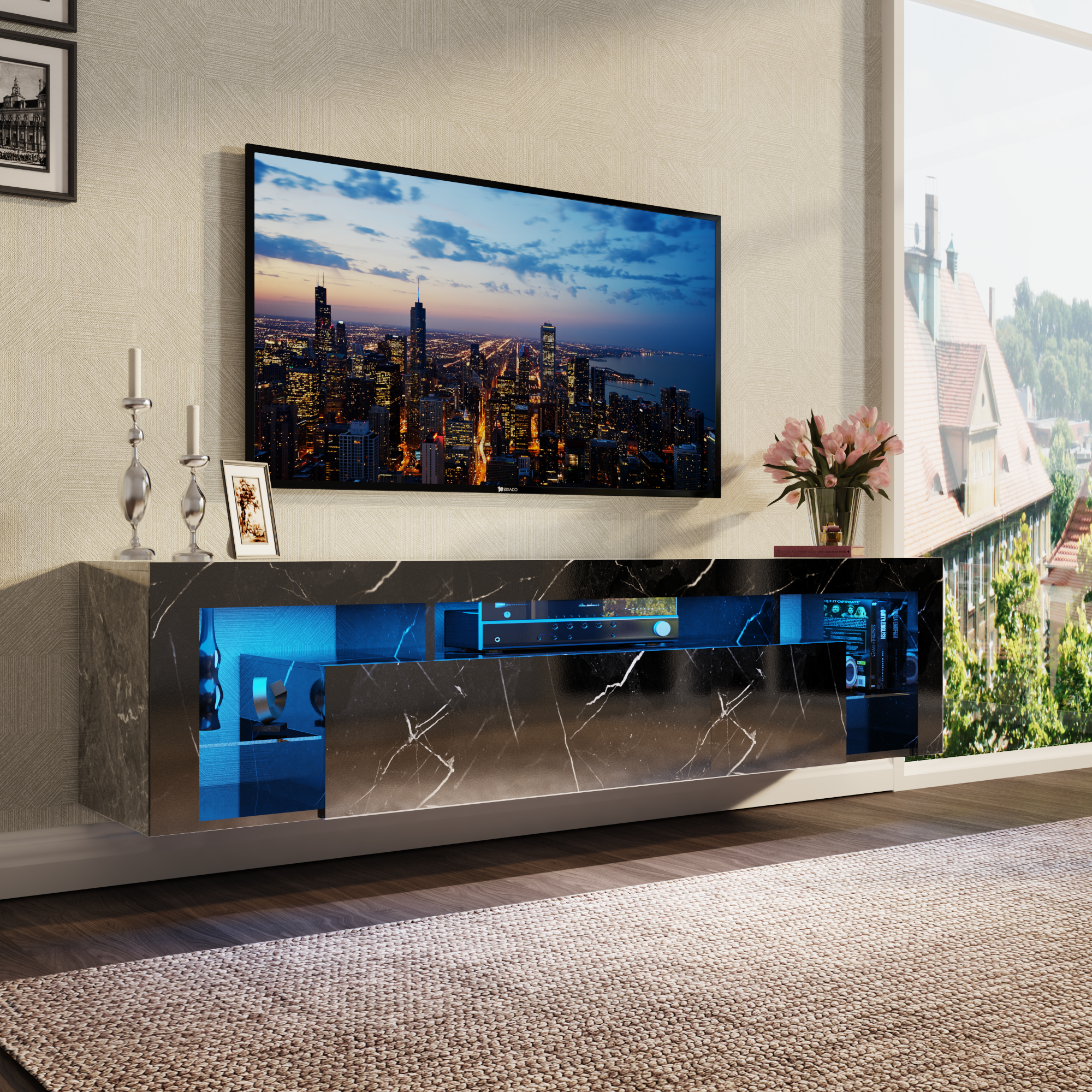 ChVans Floating TV Stand Wall Mounted for TVs up to 70", High Glossy Entertainment Center with 20 LED Lights, Hanging Remote TV Cabinet Media Console
