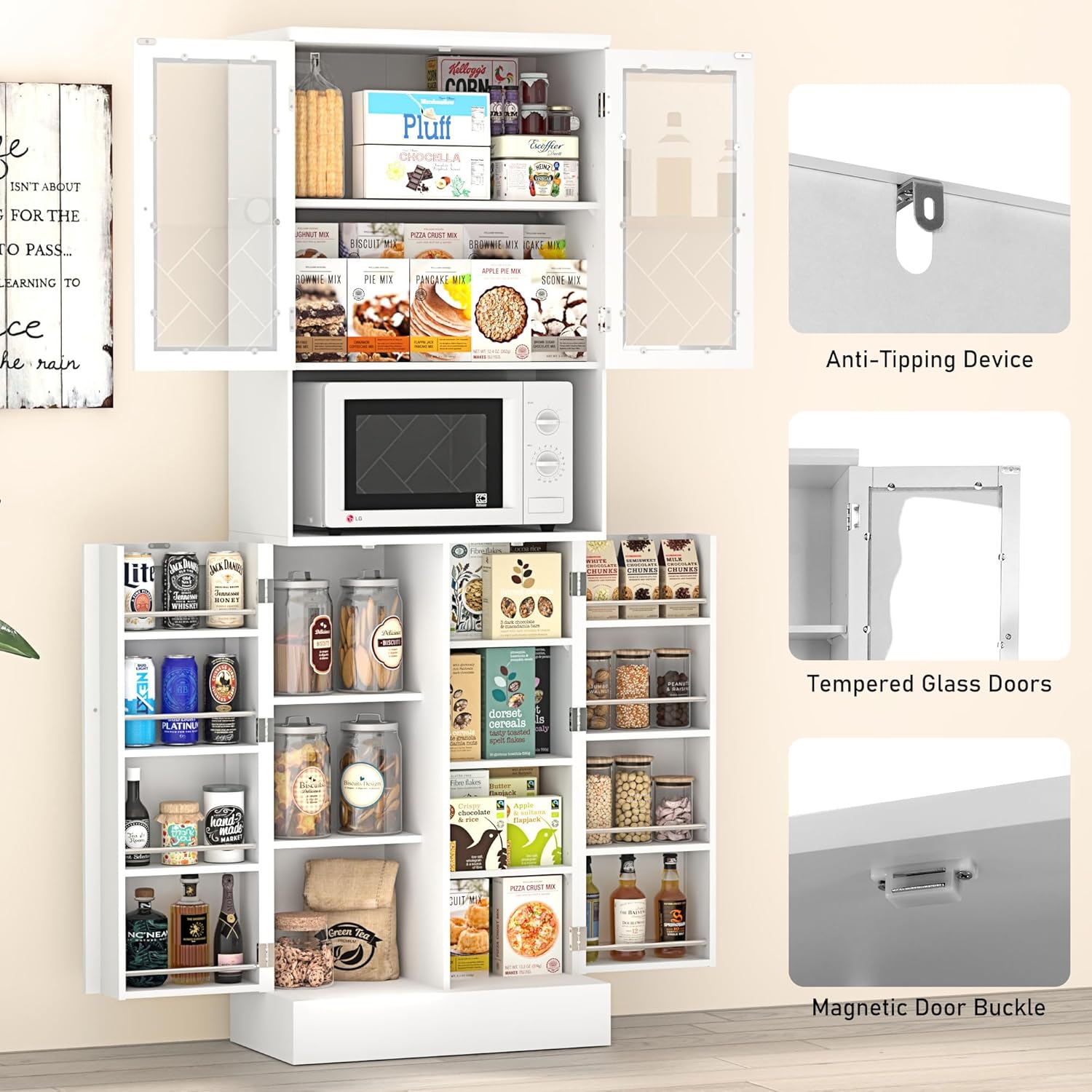 ChVans 71" Tall Pantry Cabinet, Storage Cabinet with Glass Doors and Microwave Stand, Freestanding Kitchen Hutch Food Pantry Cabinet with Adjustable Shelves for Kitchen Dining, Living Room