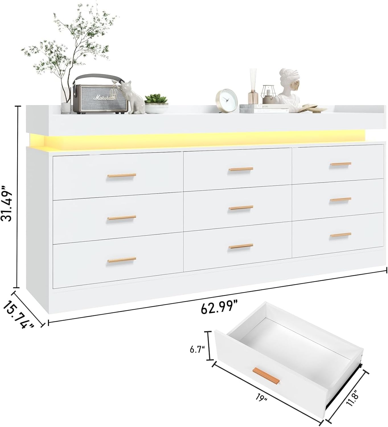 ANPOO 9 Drawer Dresser with LED Lights and Charging Station, Modern Double Wide Chest of Drawers with Power Outlet for Bedroom, Living Room