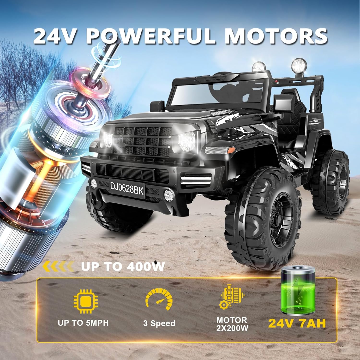 24 Volt Kids Electric Car Kids Ride On Car with Remote Control, 2-Seater Battery Powered Toy Car with LED Lights, Wheels Suspension, Music, Horn, 110 lbs Load