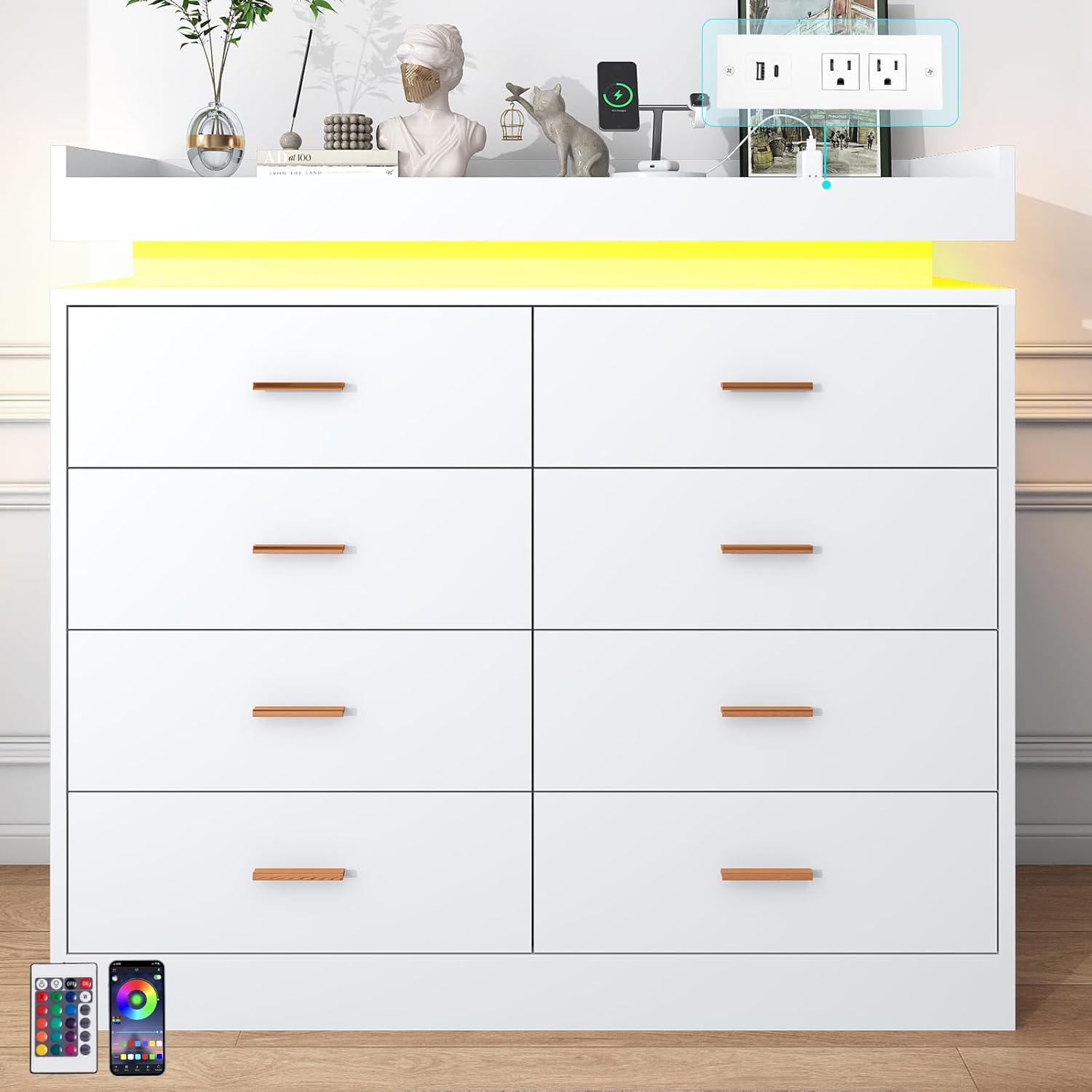 ANPOO 8 Drawer Dresser with Charging Station and LED Lights, Modern Wood Dresser with Wide Drawers and Metal Handles for Bedroom, Living Room