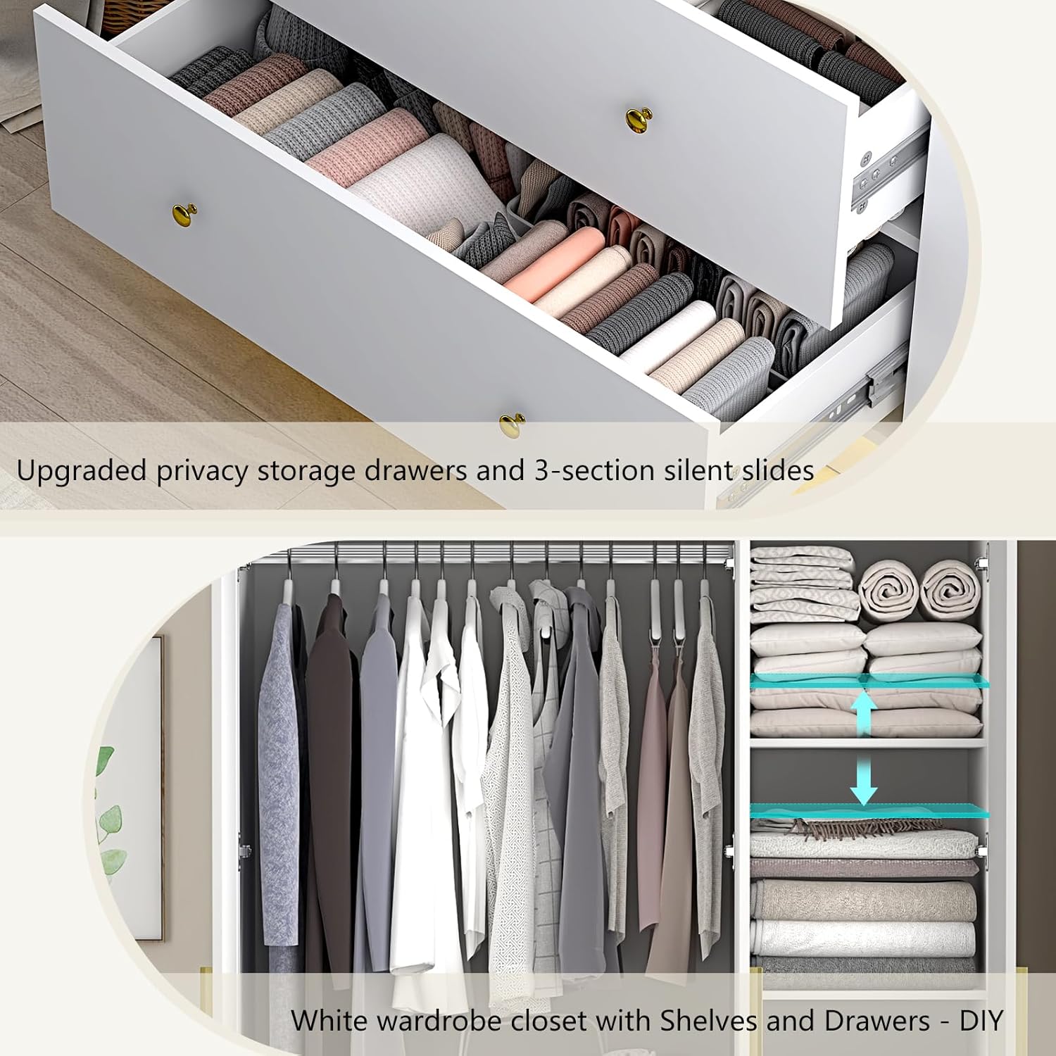 3 Doors Armoire Wardrobe Closet with Mirror and LED Lights, Armoire with Doors and Drawers, Modern Wooden Armoire Wardrobe Closet with Hanging Rod for Bedroom
