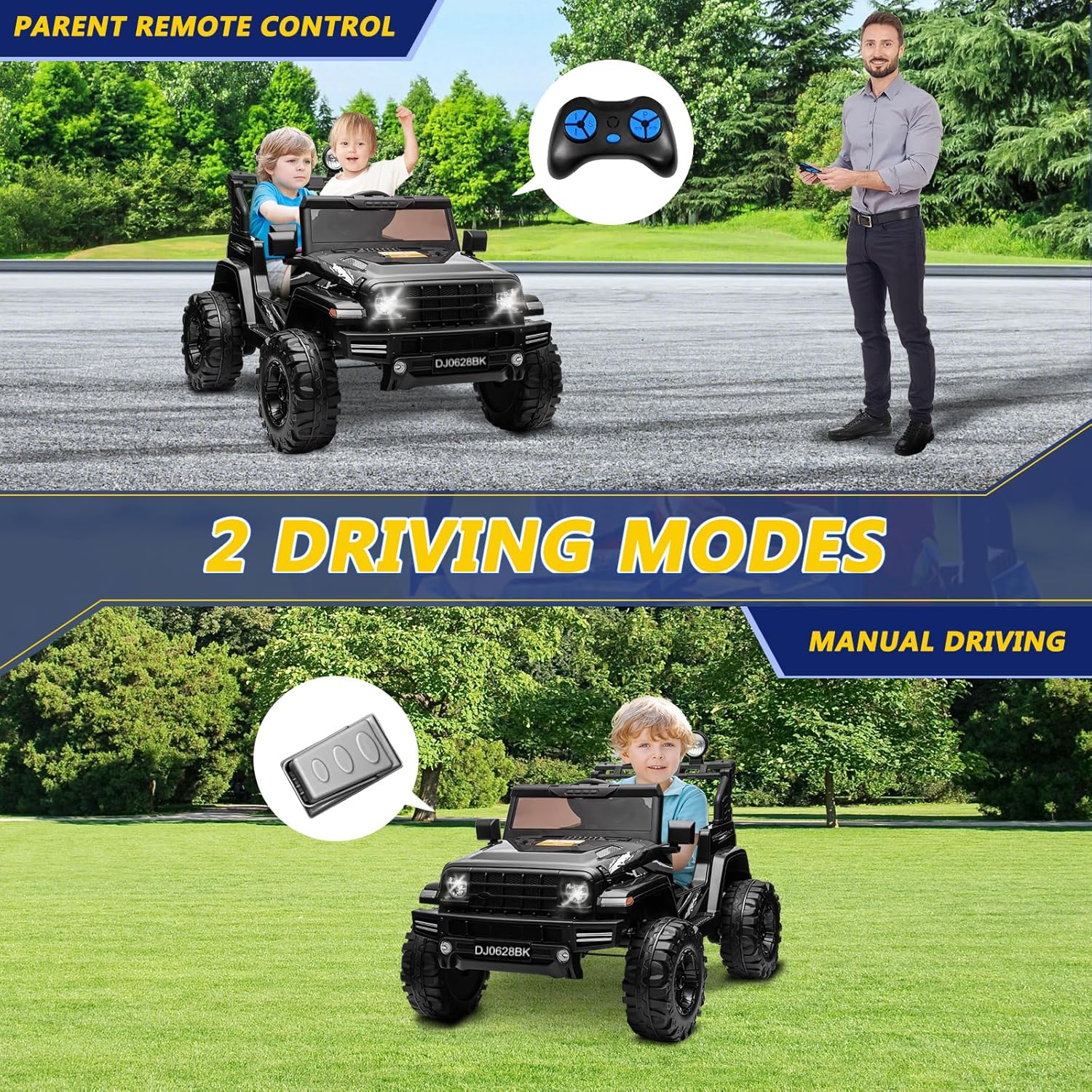 24V Kids Electric Ride on Car, 2-Seat Battery Powered Toy with LED Lights and Remote Control, Battery Powered Wheels Truck with USB Ports, MP3 Player, for Boys, Girls