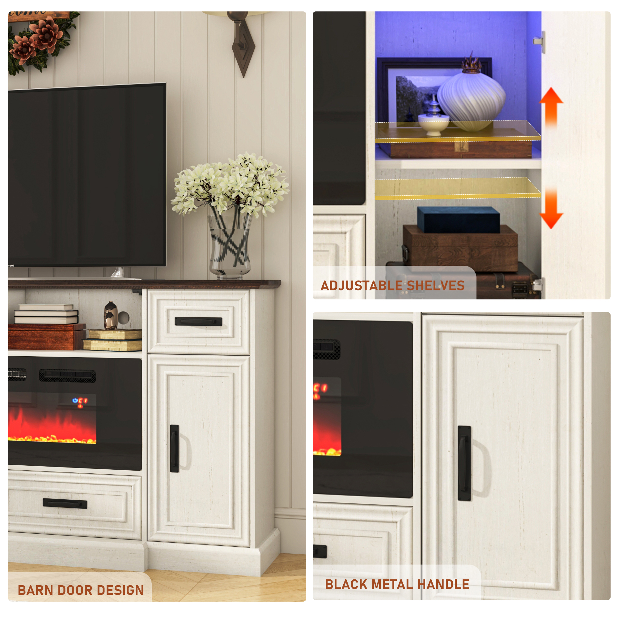 ChVans Farmhouse Fireplace TV Stand for 80" TV, Entertainment Center with 40'' Electric Fireplace & LED Lights, Modern Media Console with Storage Drawers & Cabinets & Power Outlets, Antique White