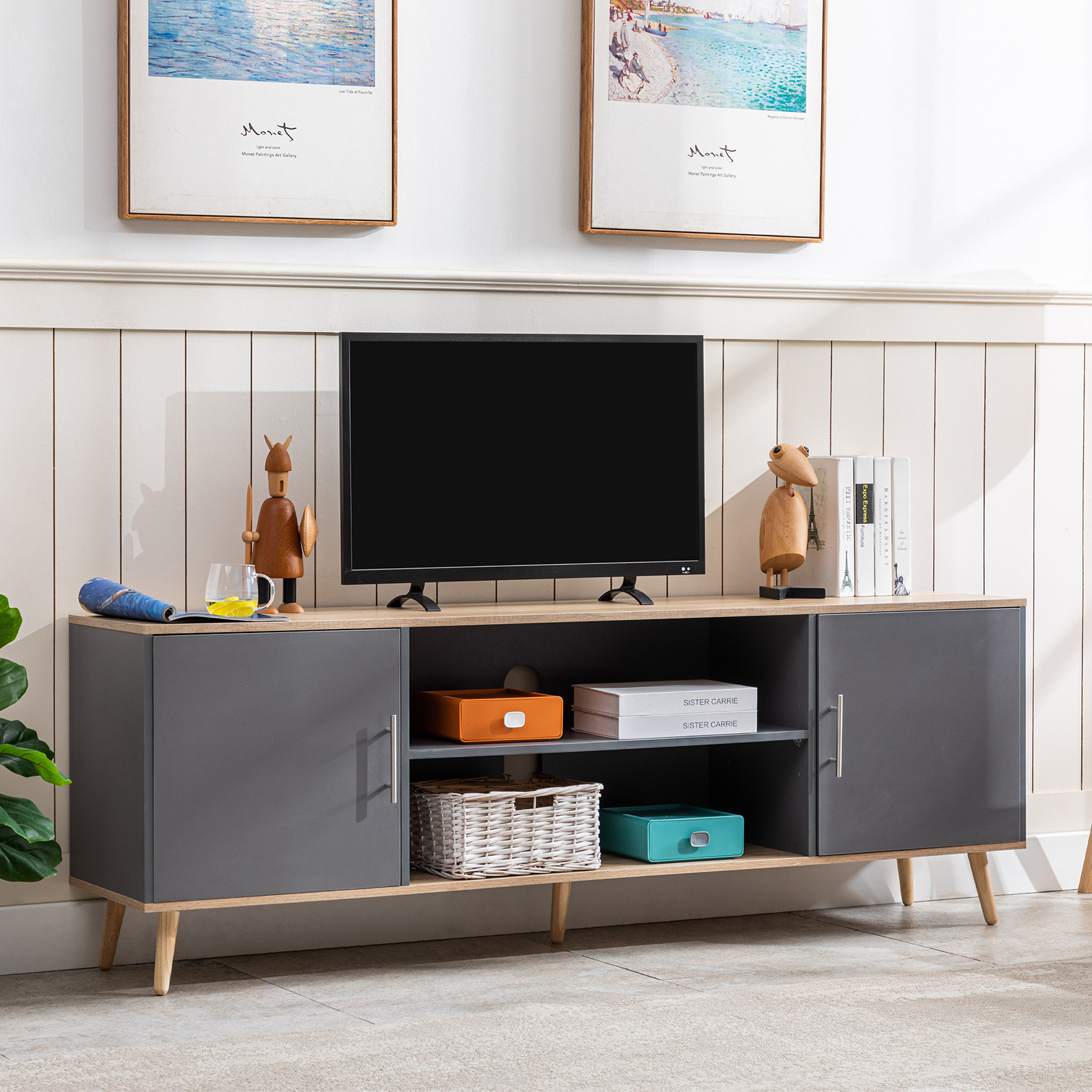 ChVans 70 Inch Mid Century Modern TV Stand for TVs up to 75 inches, Wood TV Stand with Storage, Entertainment Center for Living Room Bedroom, TV Media Console