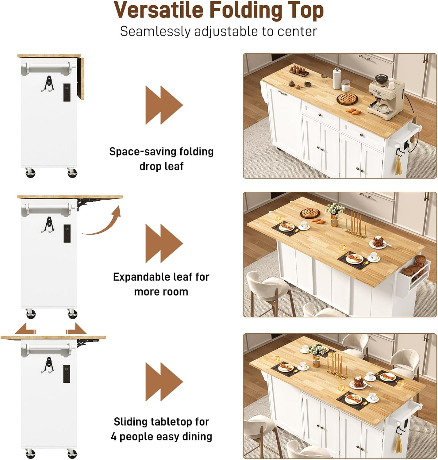 ANPOO 67" Rolling Kitchen Island with Drop Leaf, Tilt Out Kitchen Trash Cabinet 10 Gallon Storage, Kitchen Cart Island with Rubber wood Top, Spice Rack and Drawers