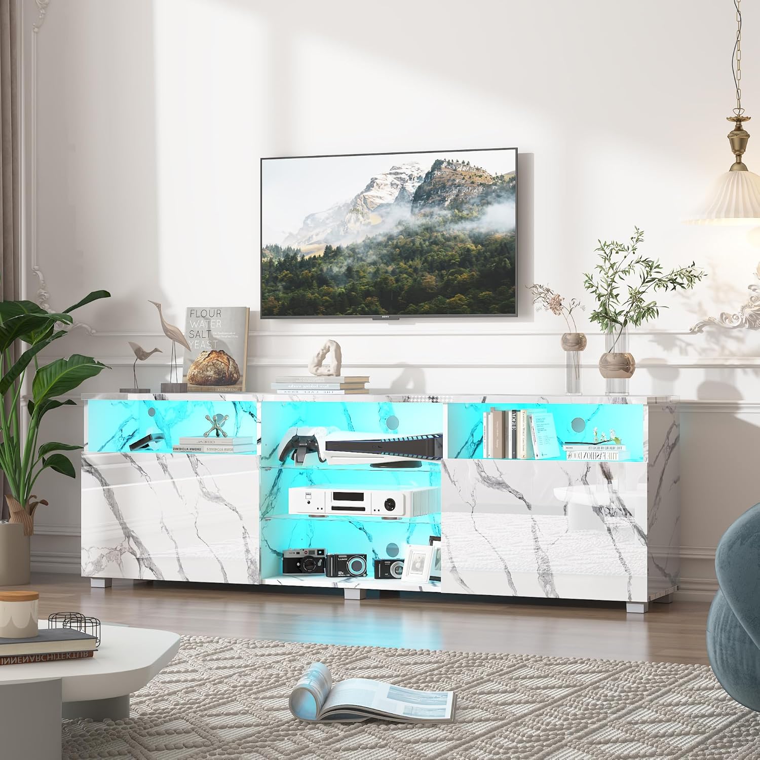 ANPOO LED TV Stand for 70/75/80 inch TV, High Glossy Entertainment Center with Drawer and Led Lights, Media Console for Living Game Room Bedroom