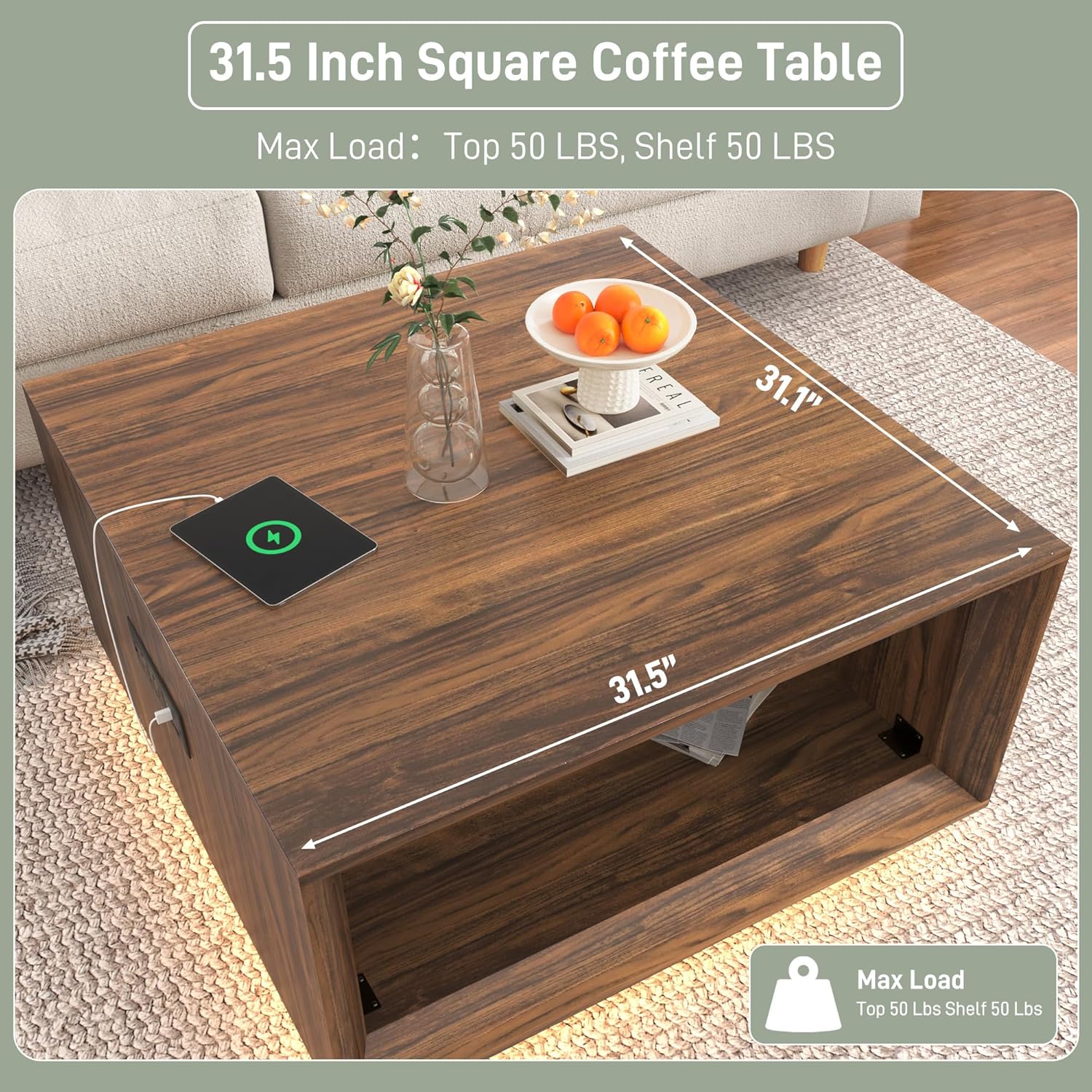 ANPOO 32" Mid Century Modern Square Coffee Table with LED Light & Power Outlet, 2-Tier Wood Cocktail Table with Storage for Living Room