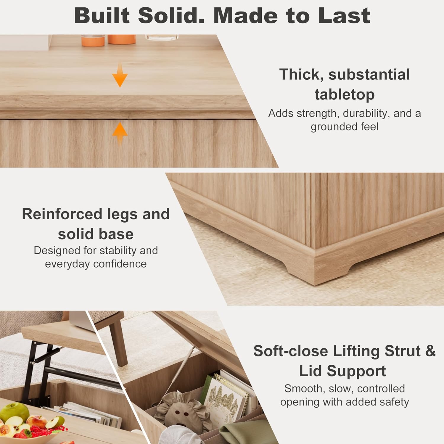 ANPOO Farmhouse Lift Top Coffee Table with Hidden Large Storage, 35.8 Inch Fluted Wood Square Center Table for Living Room, Bedroom, Home Office