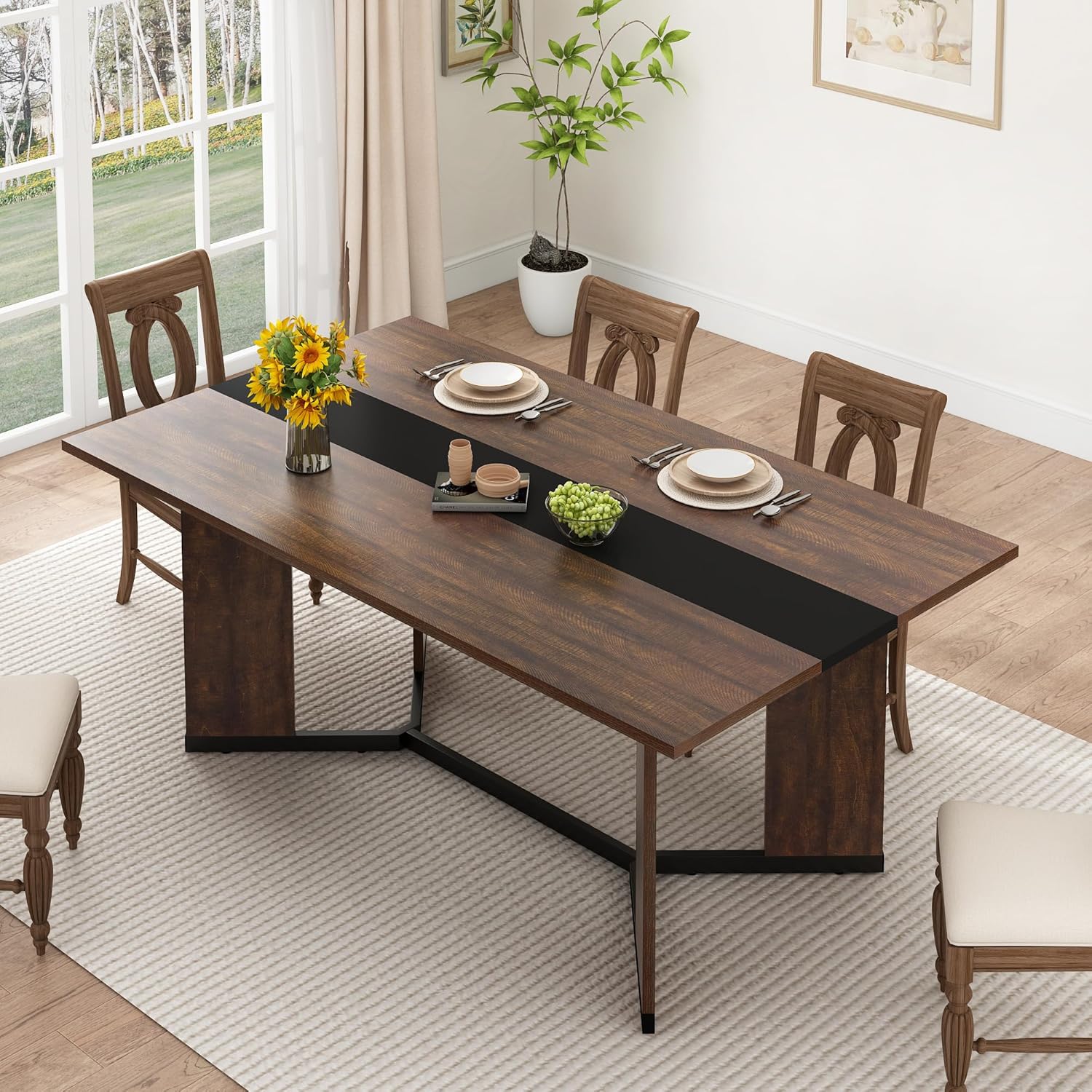 ANPOO 7-Piece Kitchen Dining Set for 4-8 People, 71" Rectangle Waterproof Wooden Table with 6 Chairs, Easy Clean Farmhouse Dining Table for Dining Room & Kitchen